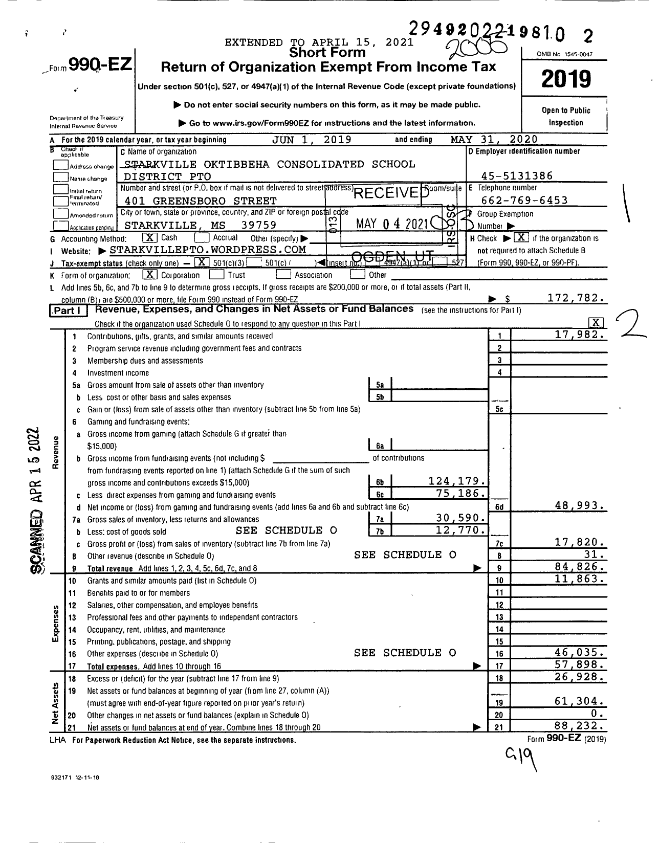 Image of first page of 2019 Form 990EZ for Starkville Oktibbeha Consolidated School District PTO