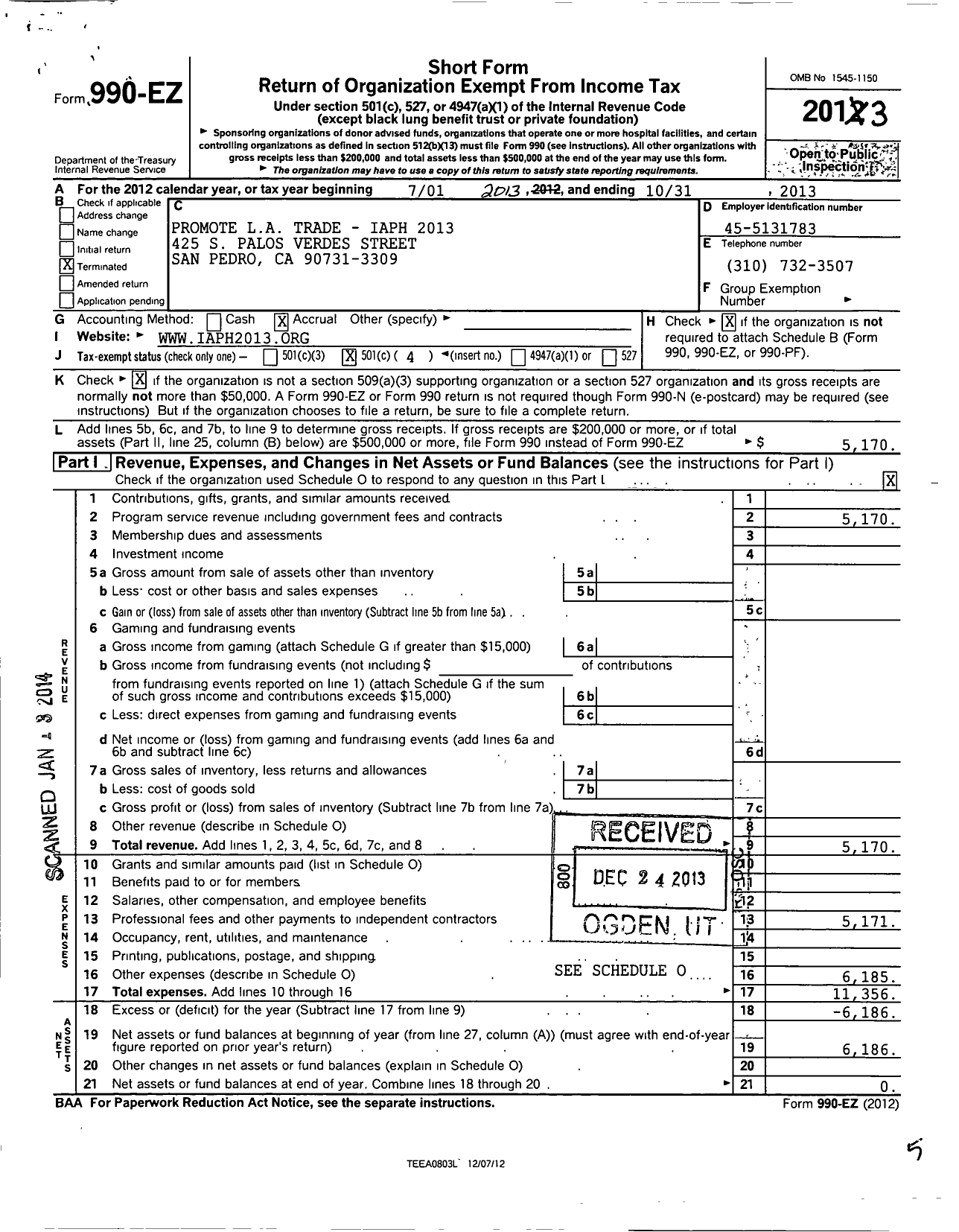 Image of first page of 2012 Form 990EO for Promote La Trade - Iaph 2013