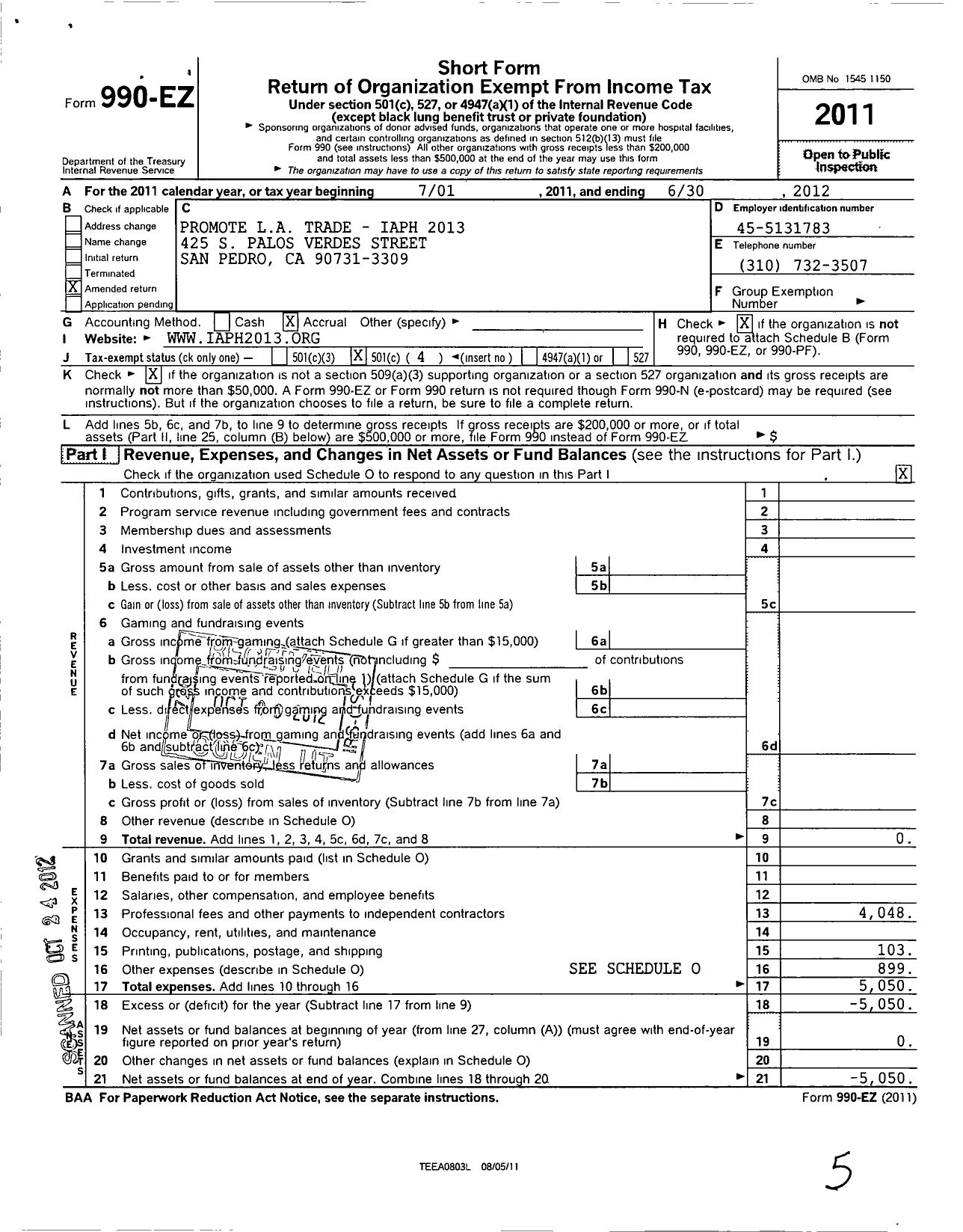 Image of first page of 2011 Form 990EO for Promote La Trade - Iaph 2013