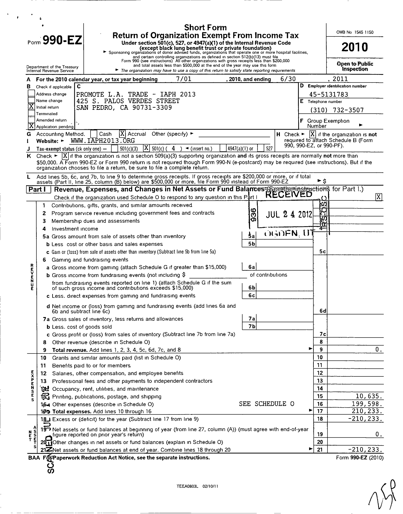 Image of first page of 2010 Form 990EO for Promote La Trade - Iaph 2013