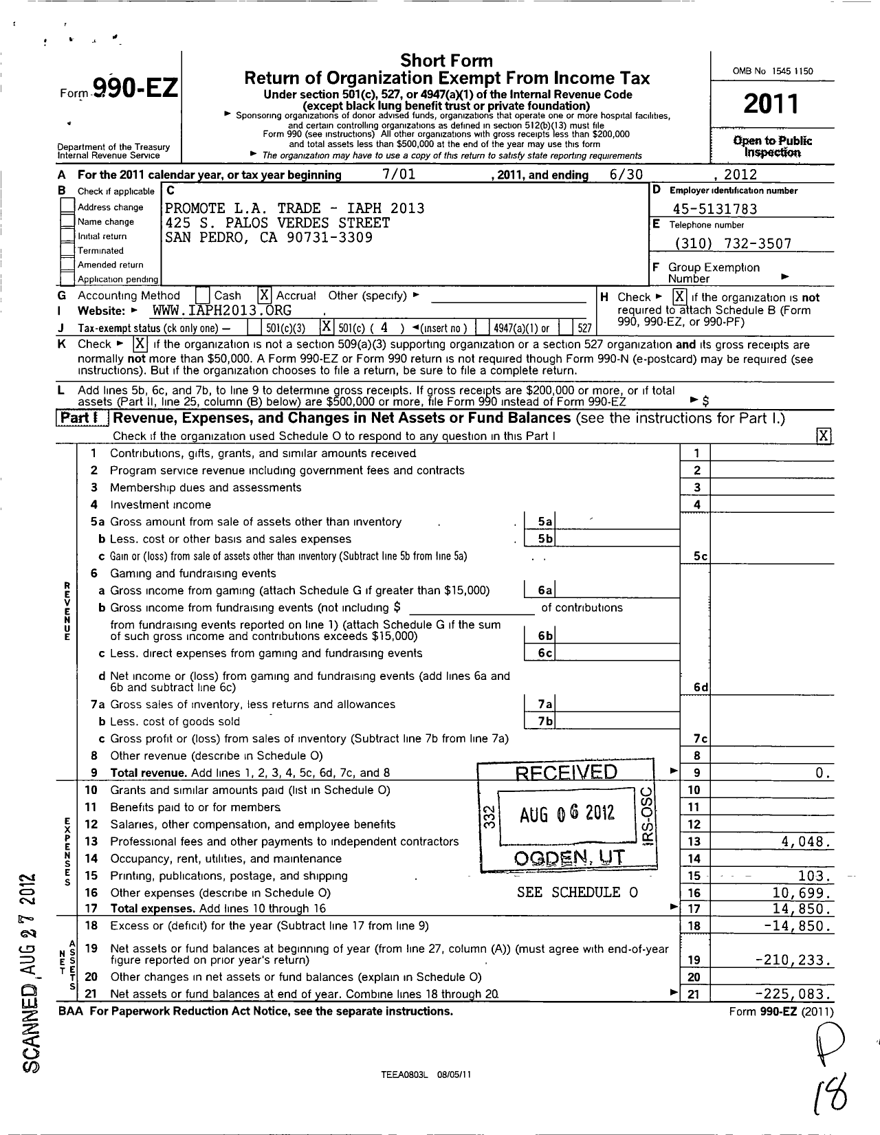 Image of first page of 2011 Form 990EO for Promote La Trade - Iaph 2013