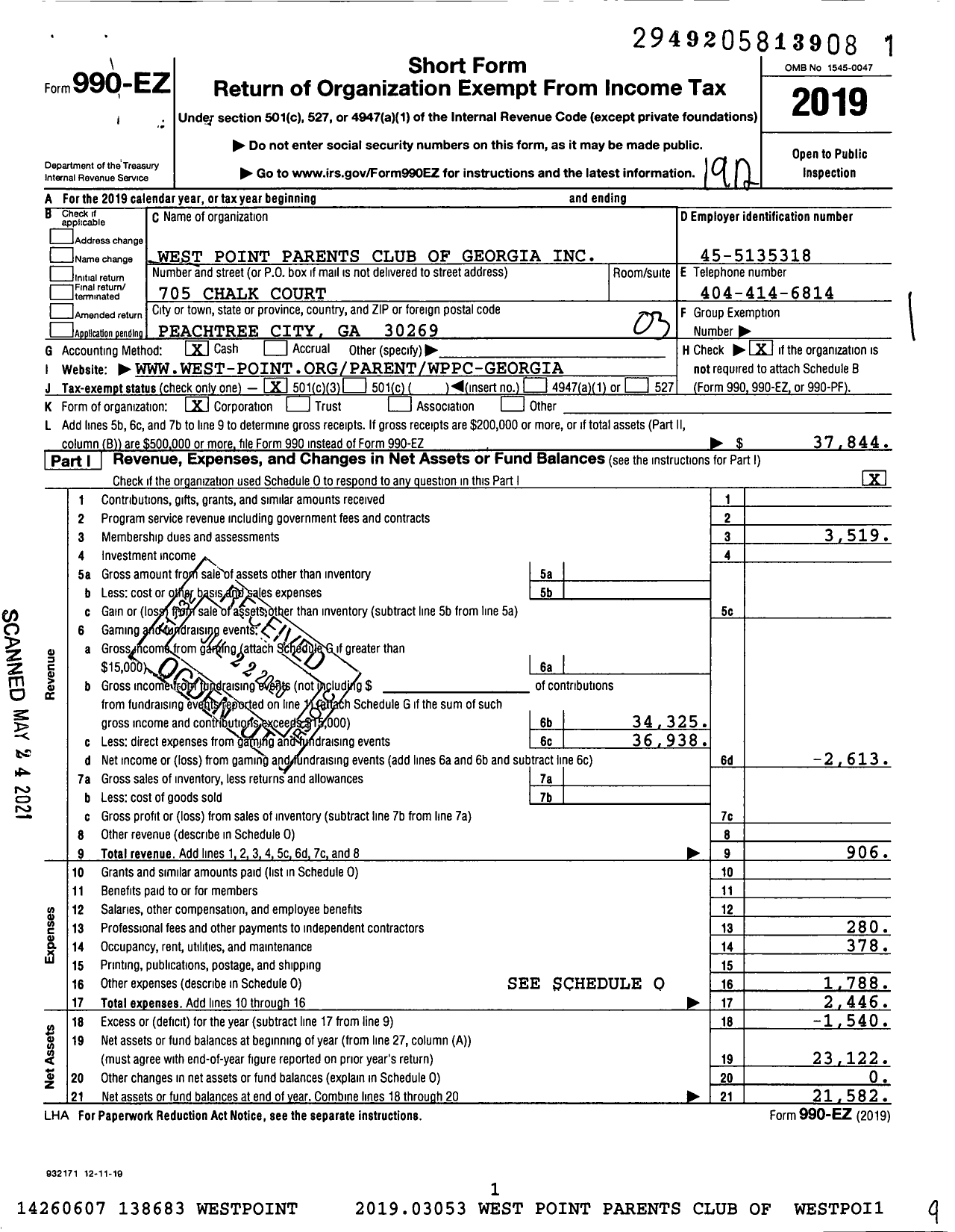 Image of first page of 2019 Form 990EZ for West Point Parents Club of Georgia