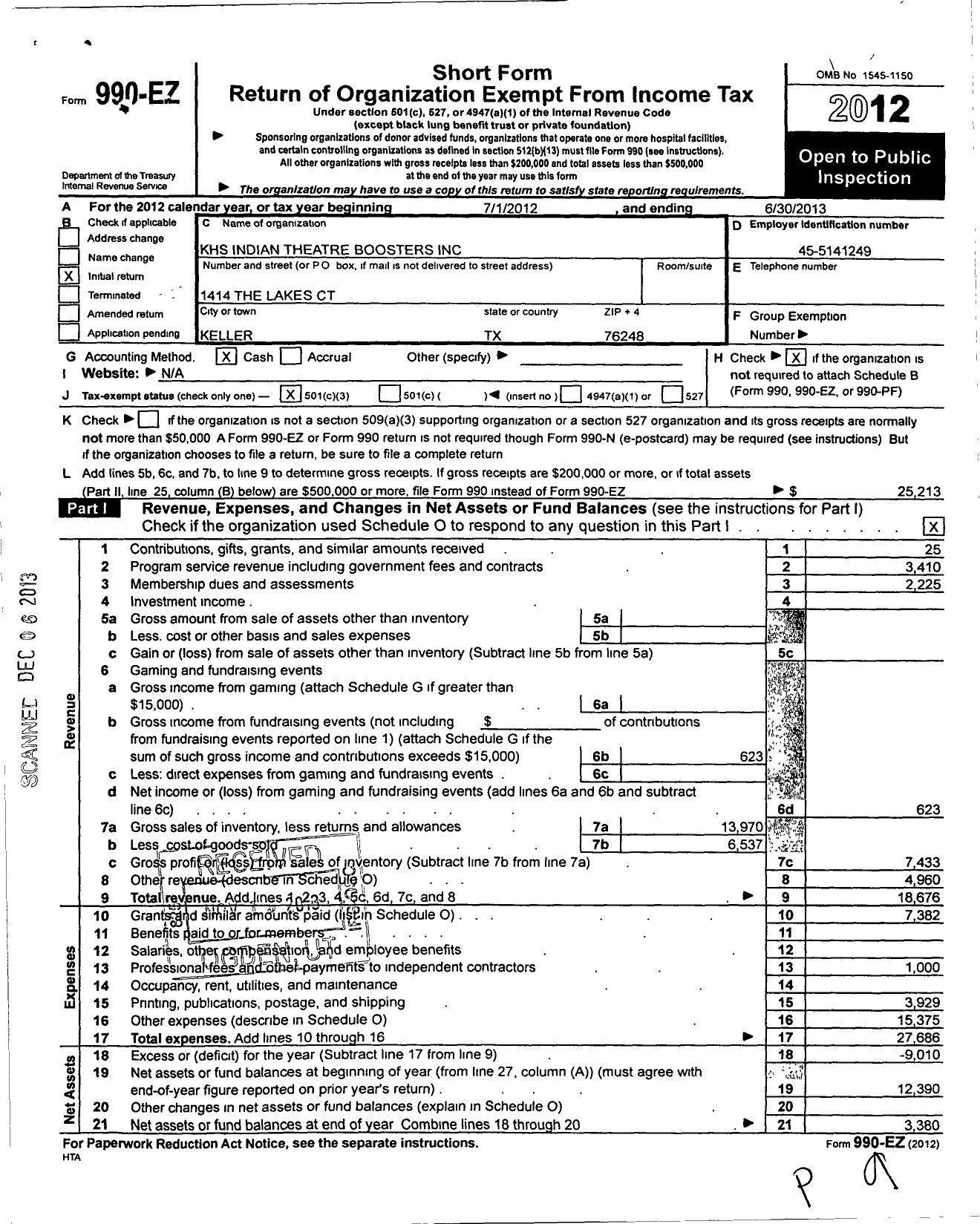 Image of first page of 2012 Form 990EZ for KHS Indian Theatre Boosters