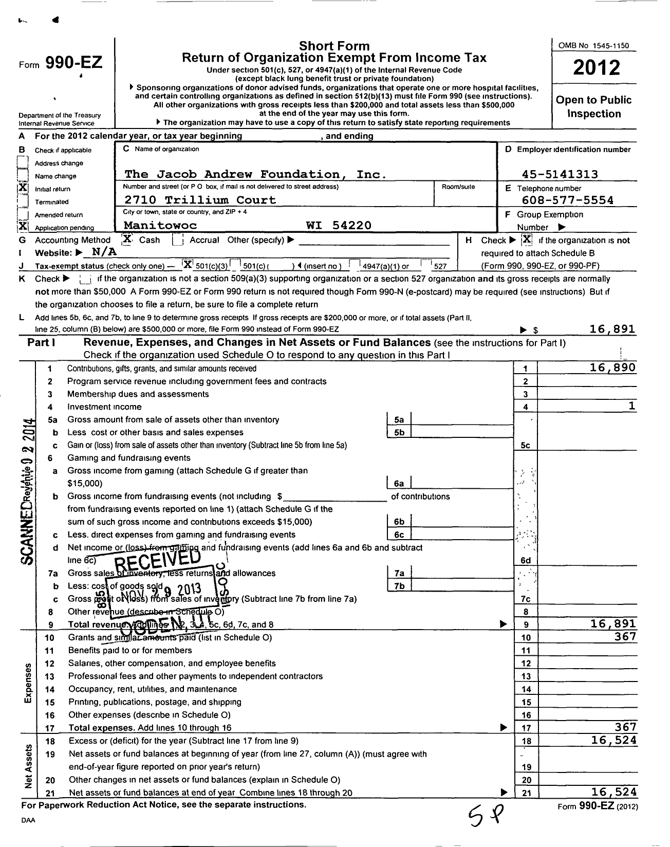 Image of first page of 2012 Form 990EZ for Jacob Andrew Foundation