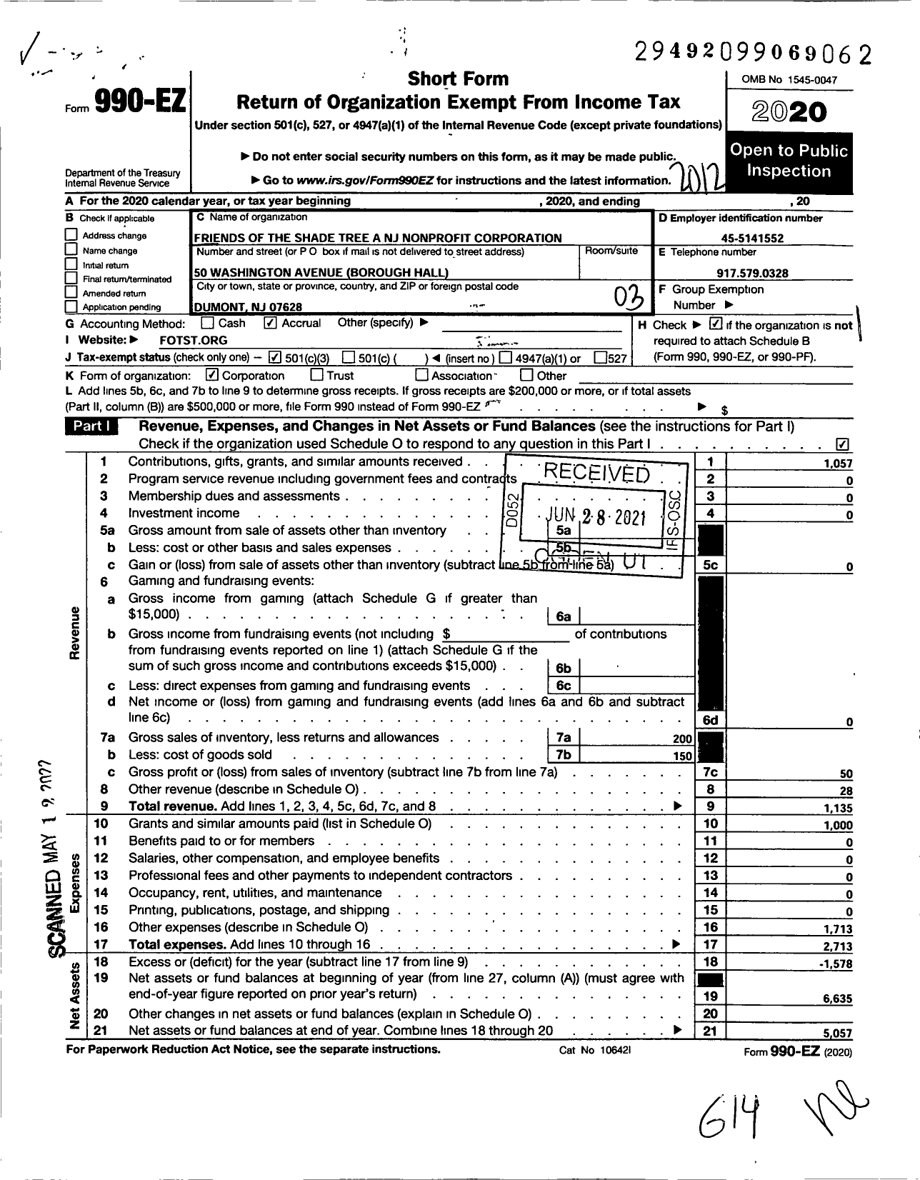 Image of first page of 2020 Form 990EZ for Friends of the Shade Tree A NJ Nonprofit Corporation