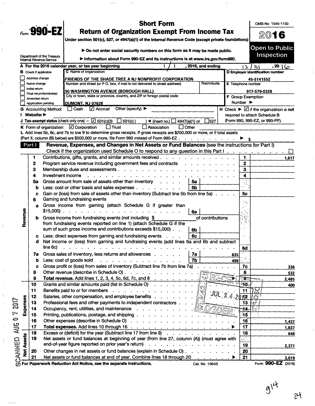 Image of first page of 2016 Form 990EZ for Friends of the Shade Tree A NJ Nonprofit Corporation