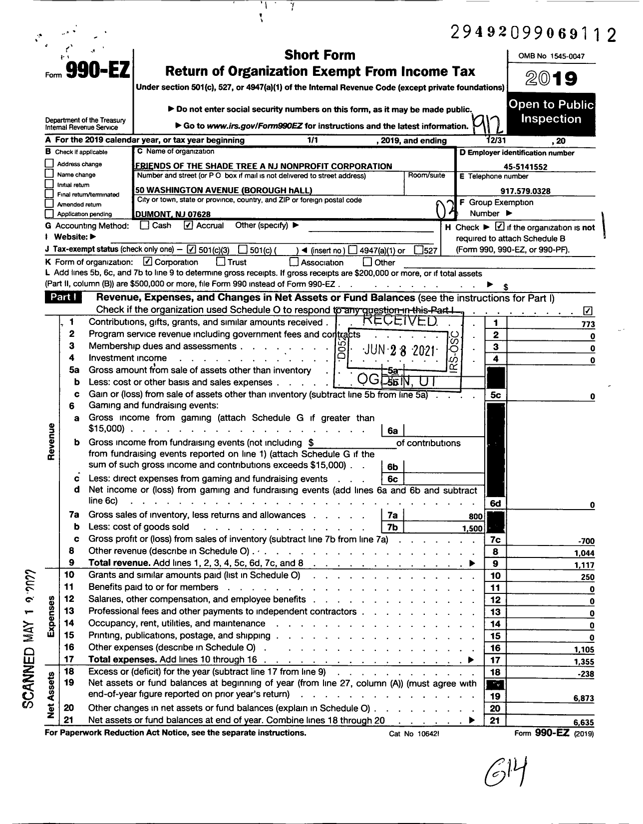 Image of first page of 2019 Form 990EZ for Friends of the Shade Tree A NJ Nonprofit Corporation