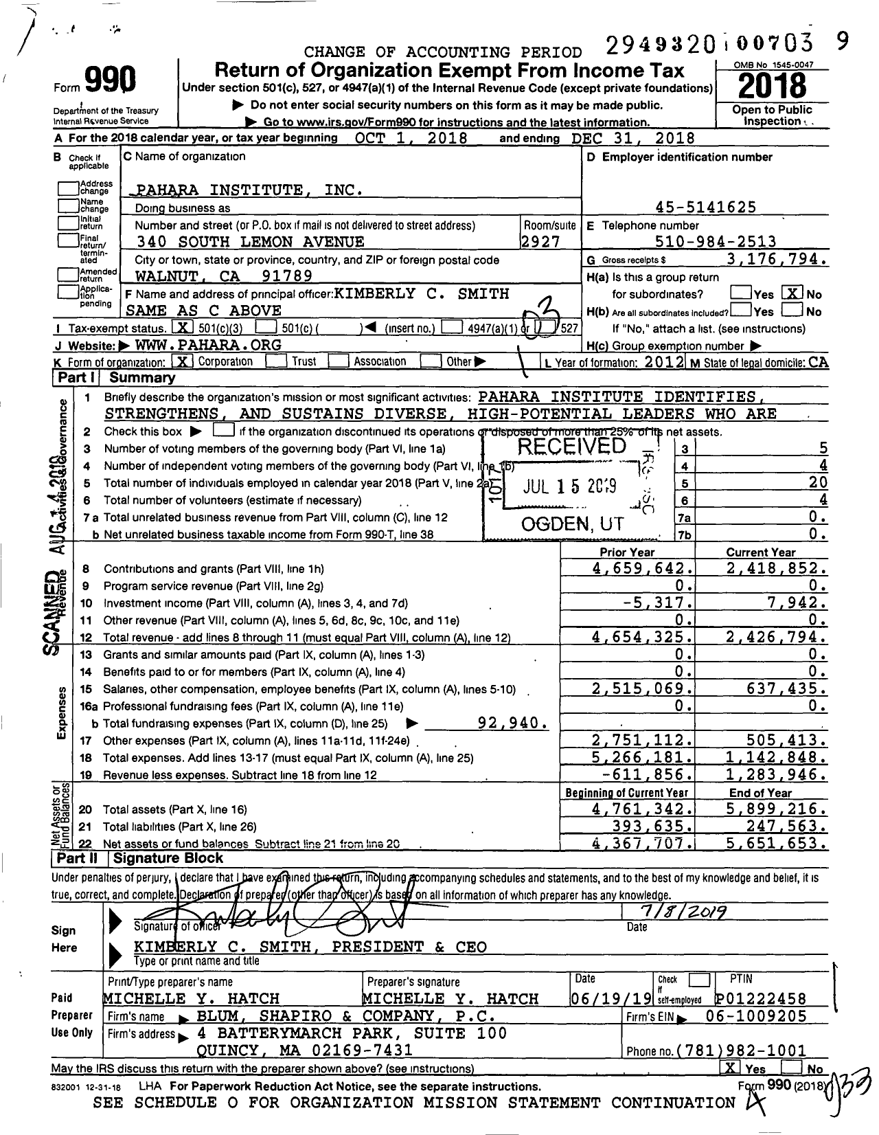 Image of first page of 2018 Form 990 for Pahara Institute