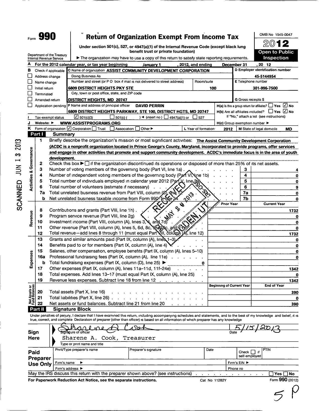 Image of first page of 2012 Form 990 for Assist Community Development Corporation