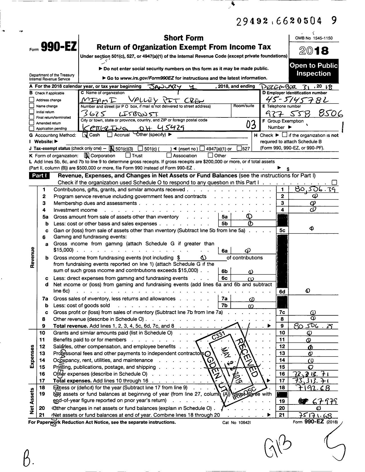 Image of first page of 2018 Form 990EZ for Miami Valley Pit Crew