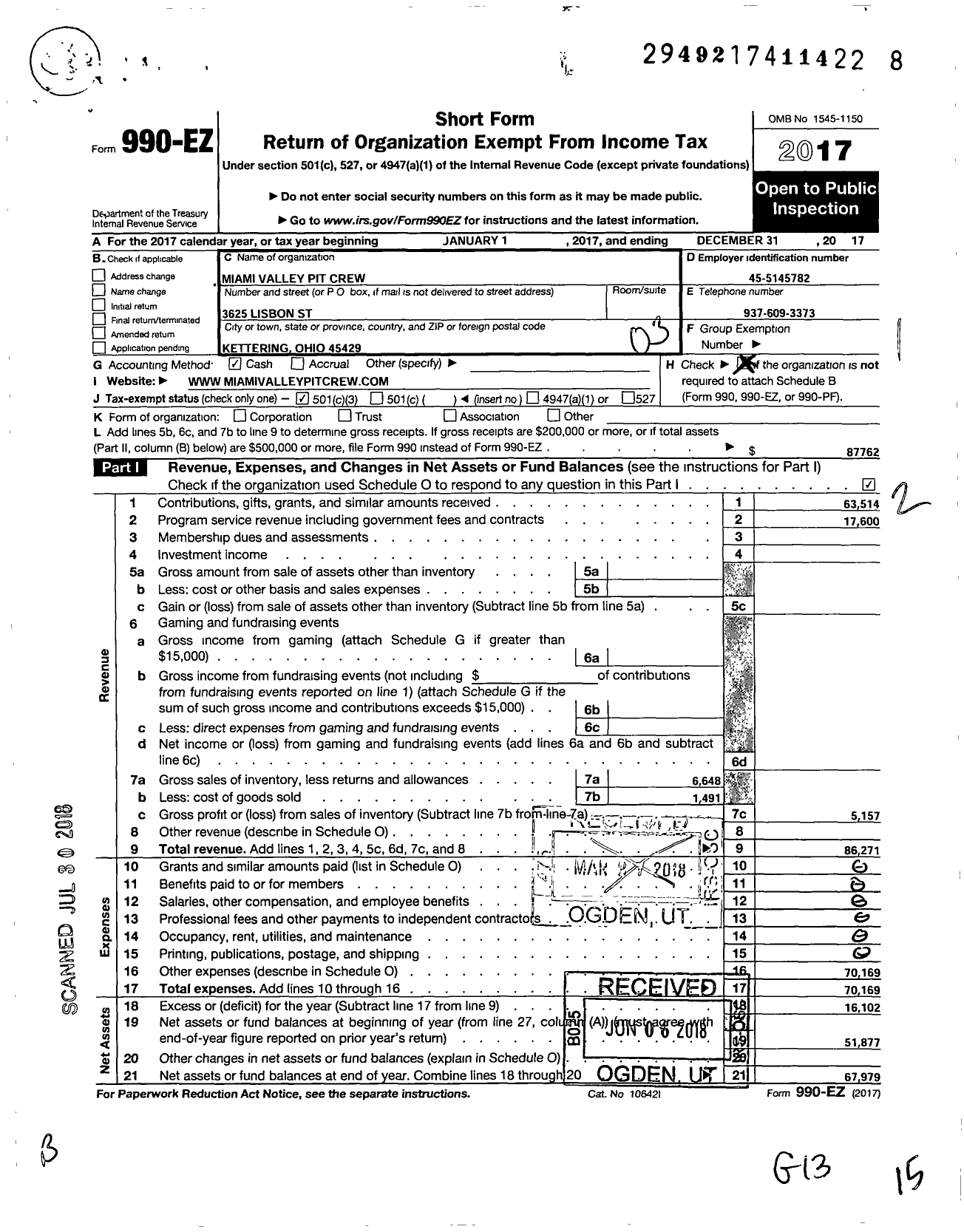 Image of first page of 2017 Form 990EZ for Miami Valley Pit Crew