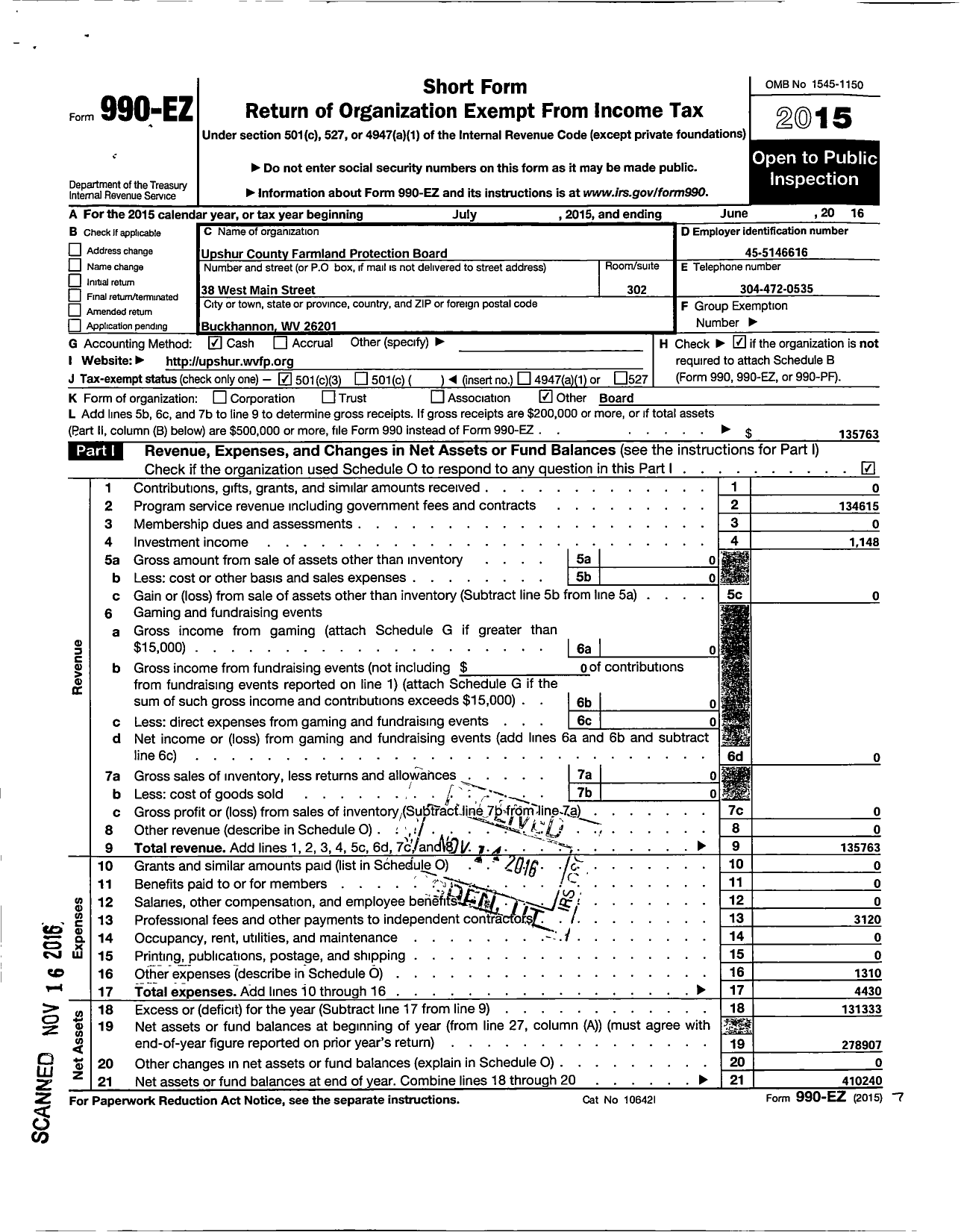 Image of first page of 2015 Form 990EZ for Upshur County Farmland Protection Board