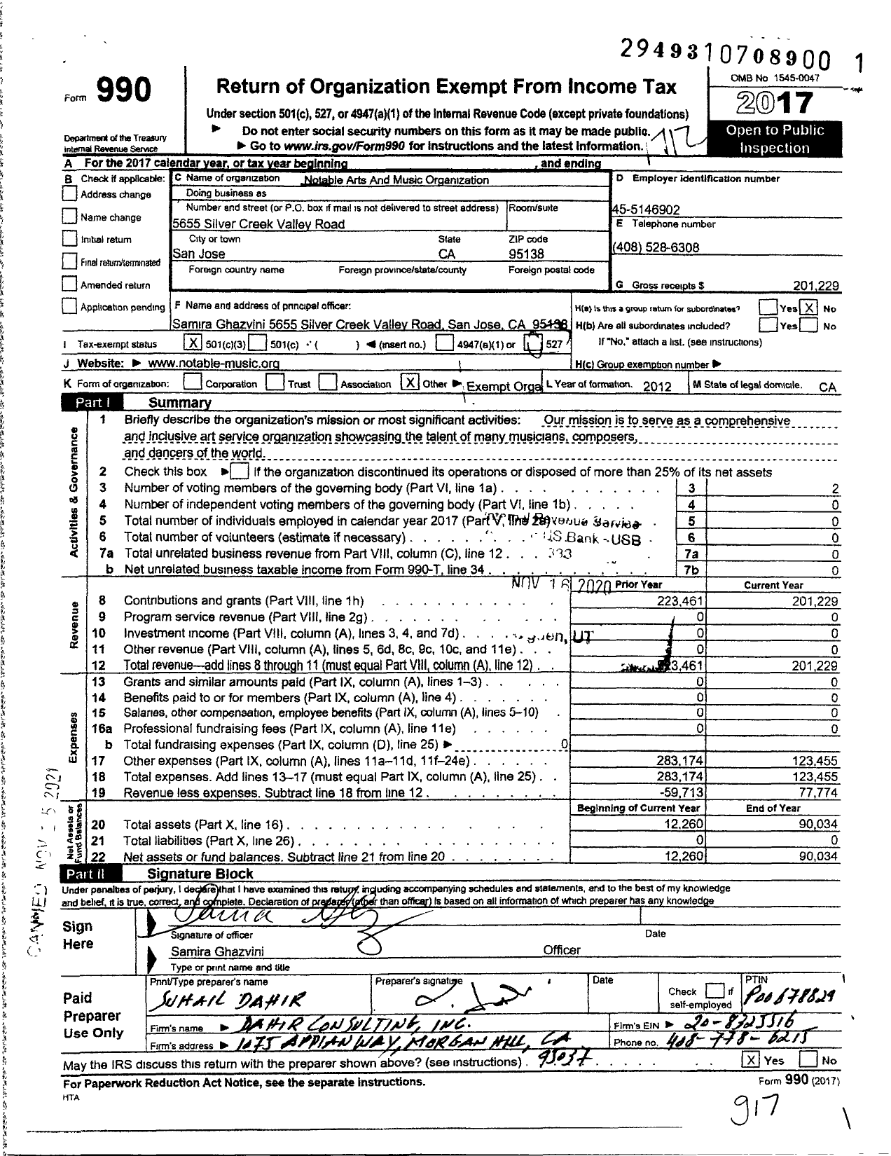 Image of first page of 2017 Form 990 for Notable Music and Arts Organization