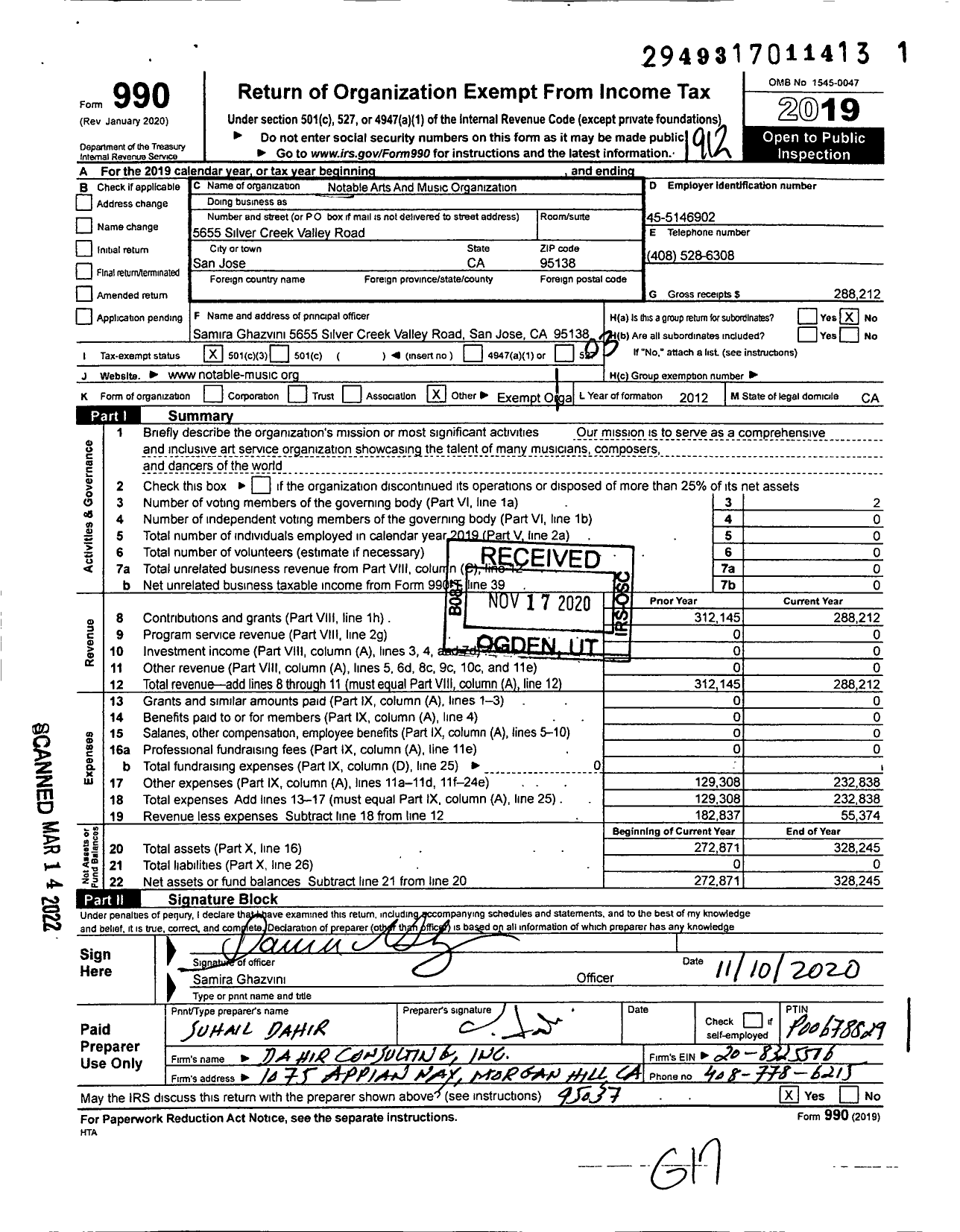 Image of first page of 2019 Form 990 for Notable Music and Arts Organization