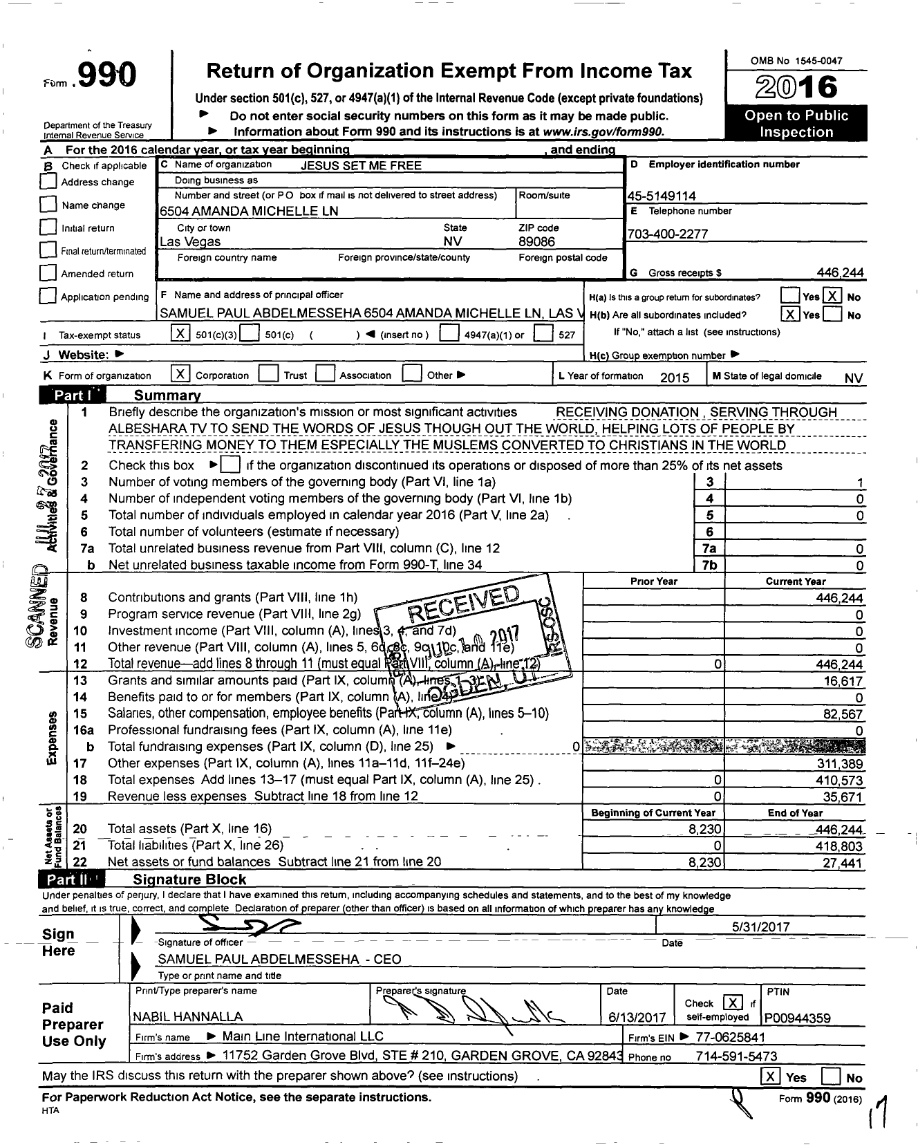 Image of first page of 2016 Form 990 for Jesus Set Me Free