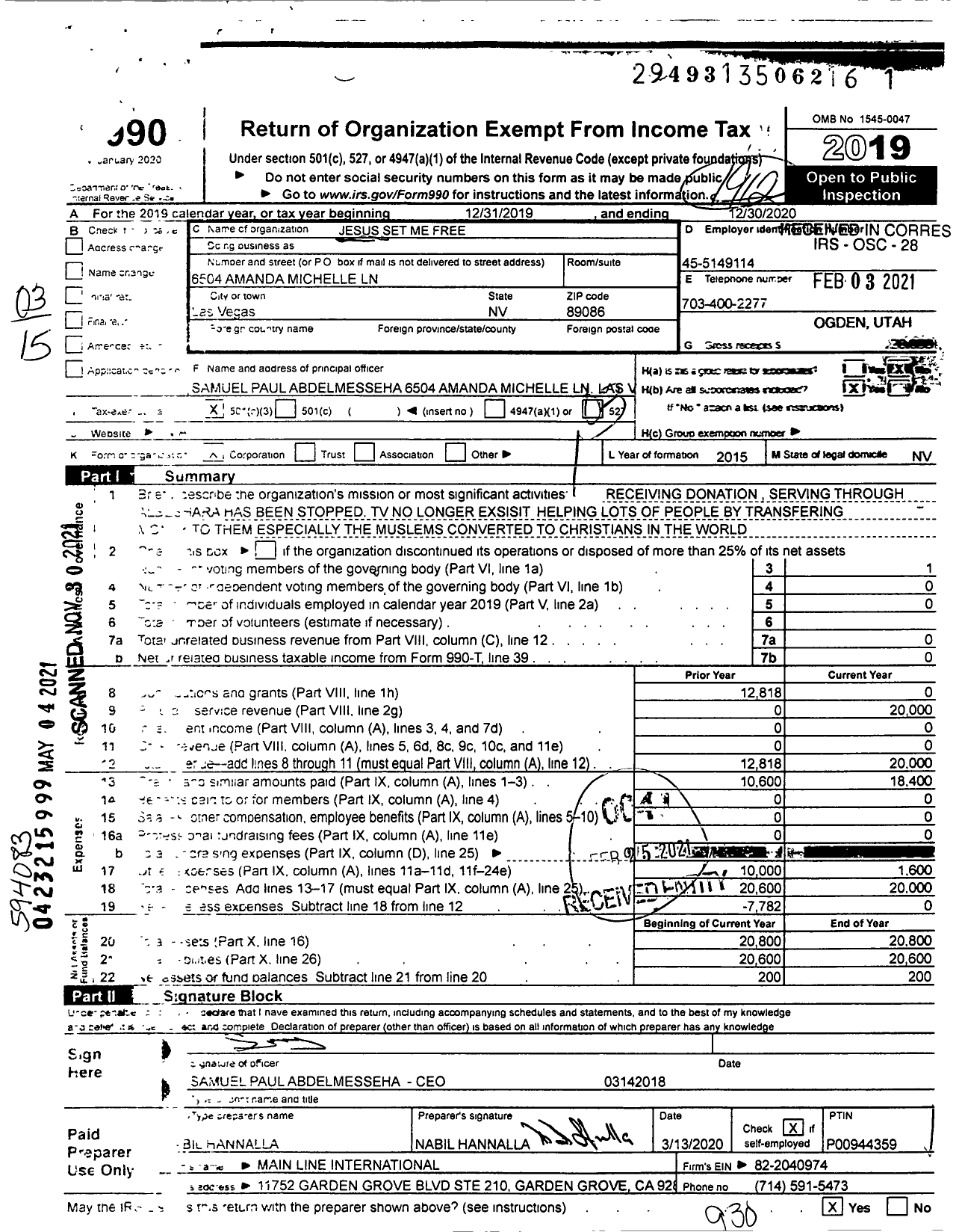 Image of first page of 2019 Form 990 for Jesus Set Me Free