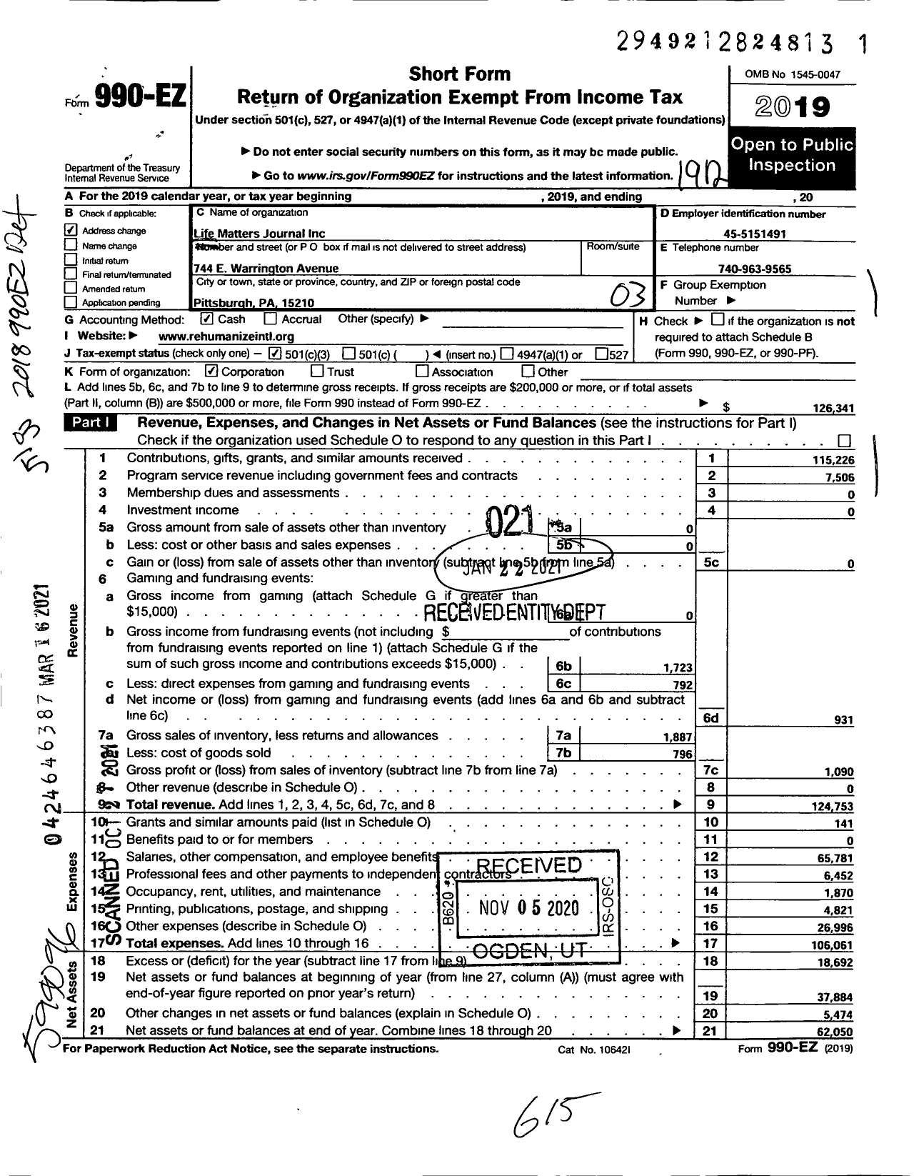 Image of first page of 2019 Form 990EZ for Rehumanize International