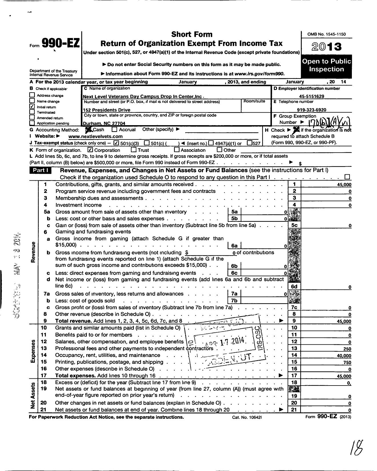 Image of first page of 2013 Form 990EZ for Next Level Veterans Day Campus Drop in Center