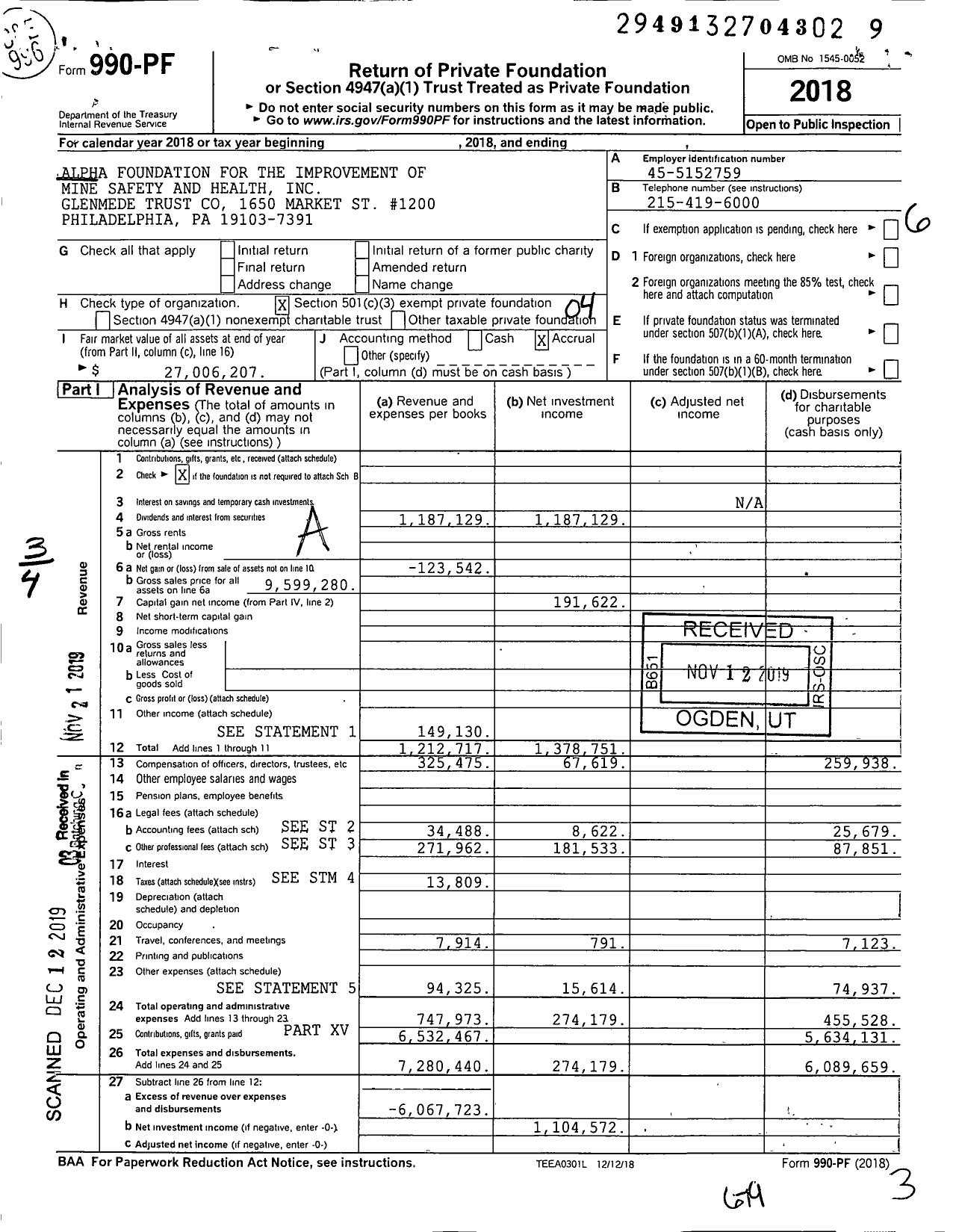 Image of first page of 2018 Form 990PF for Alpha Foundation for the Improvement of Mine Safety and Health