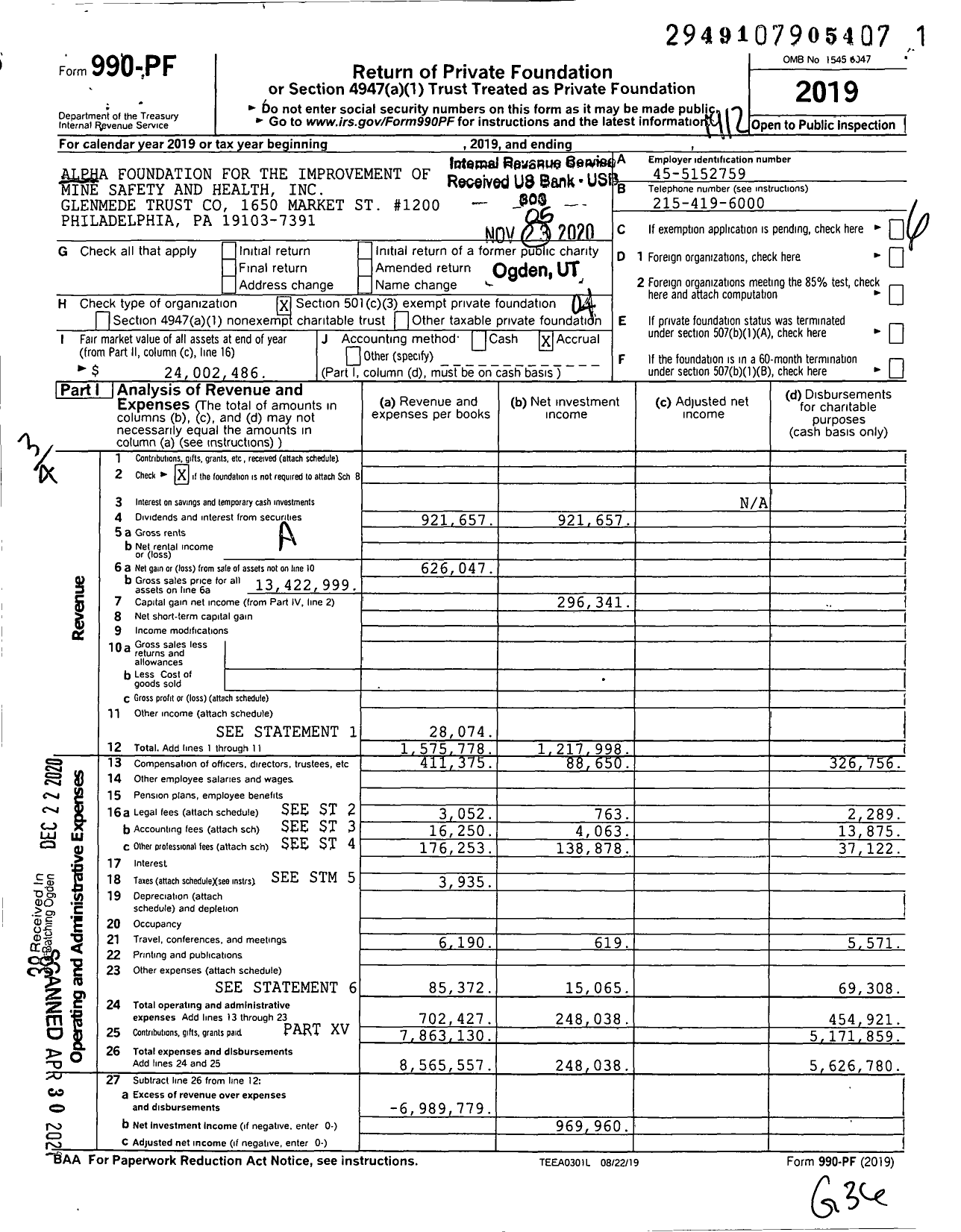 Image of first page of 2019 Form 990PF for Alpha Foundation for the Improvement of Mine Safety and Health