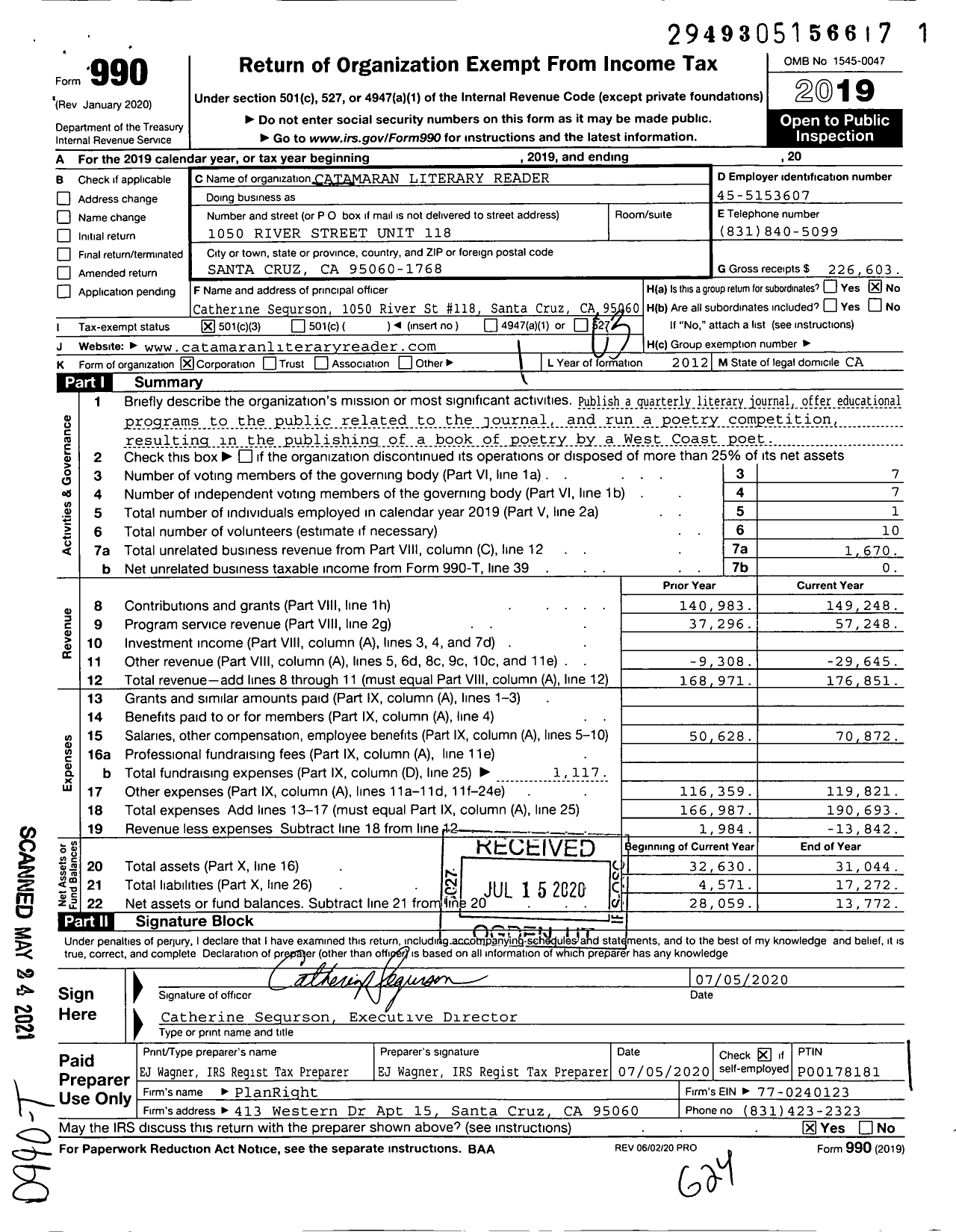 Image of first page of 2019 Form 990 for Catamaran Literary Reader