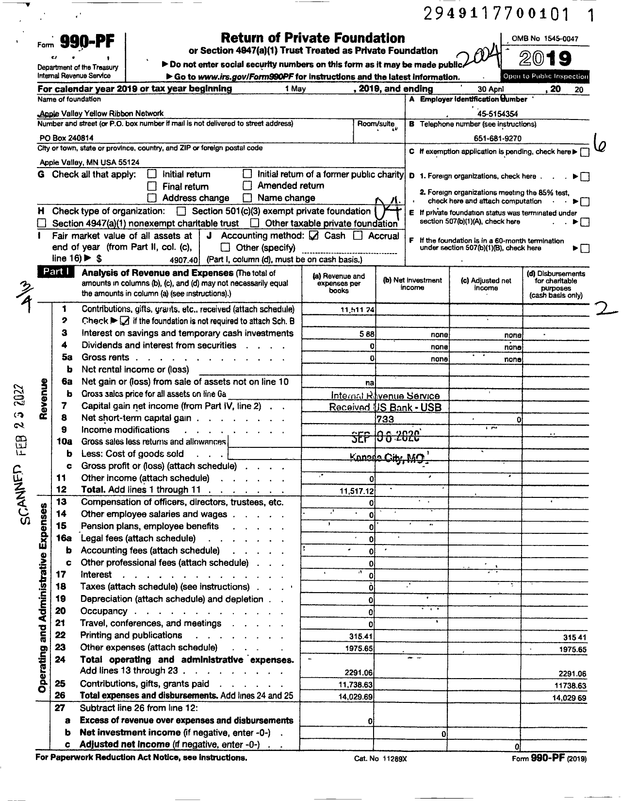 Image of first page of 2019 Form 990PF for Apple Valley Yellow Ribbon Network