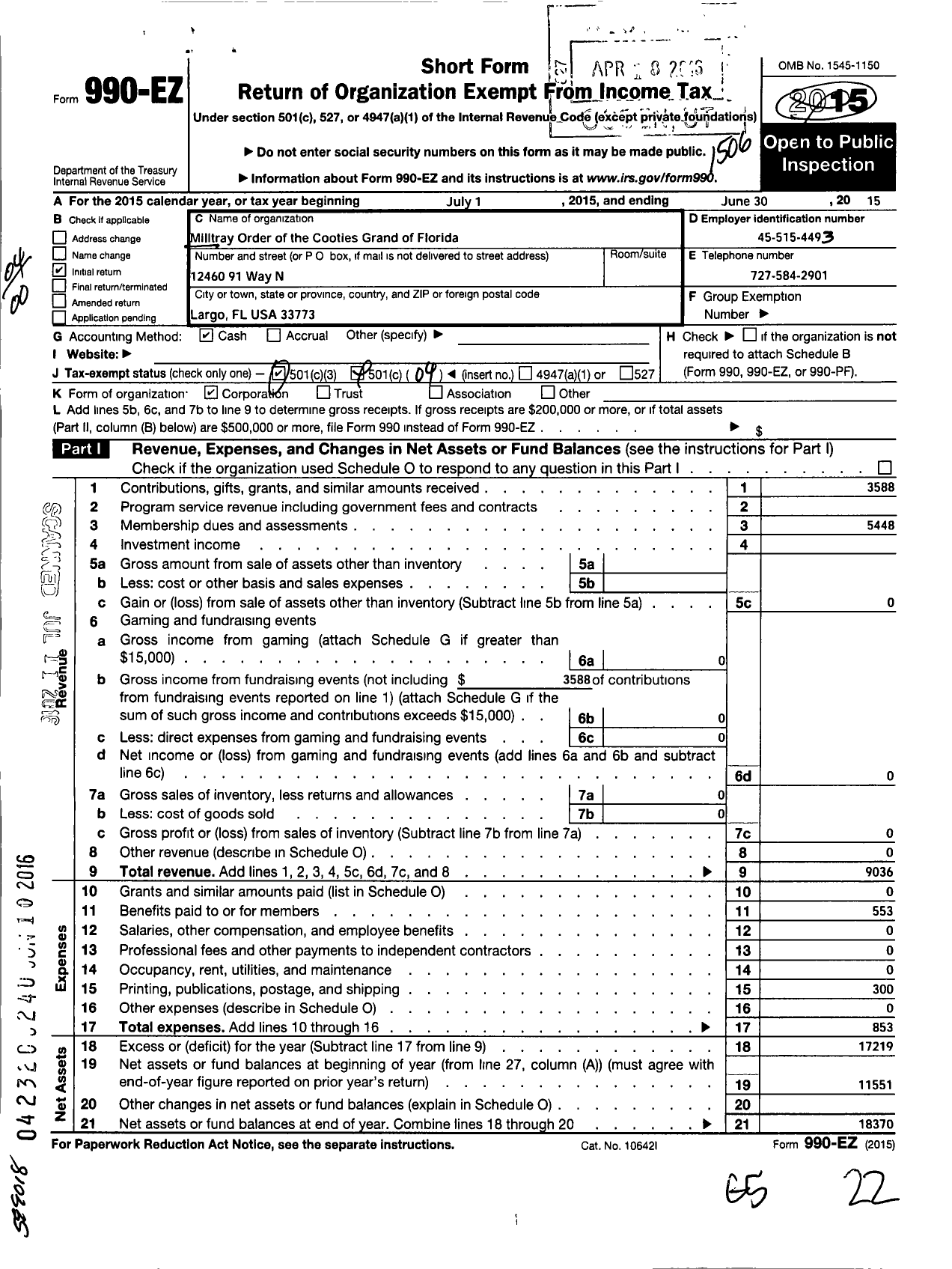 Image of first page of 2014 Form 990EO for Military Order of the Cootie of the United States / Grand of Florida