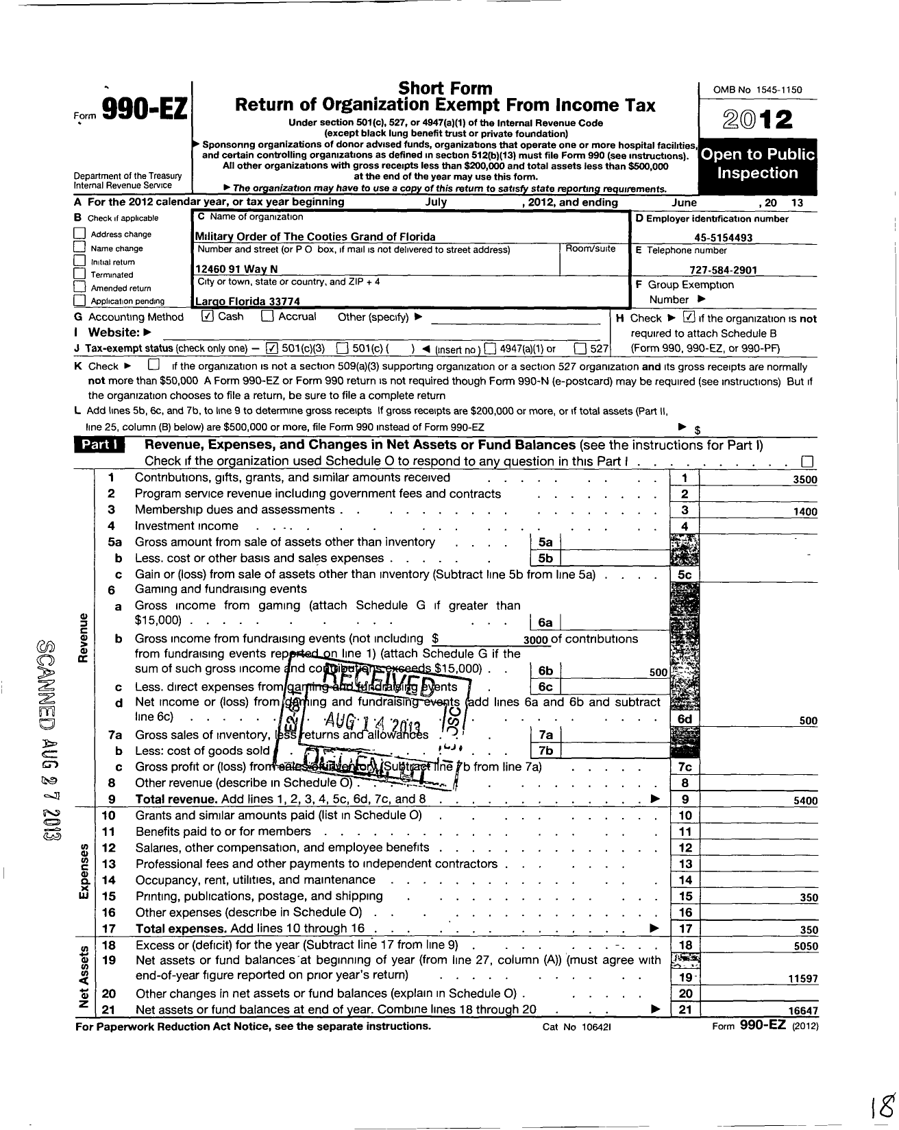 Image of first page of 2012 Form 990EZ for Military Order of the Cootie of the United States / Grand of Florida