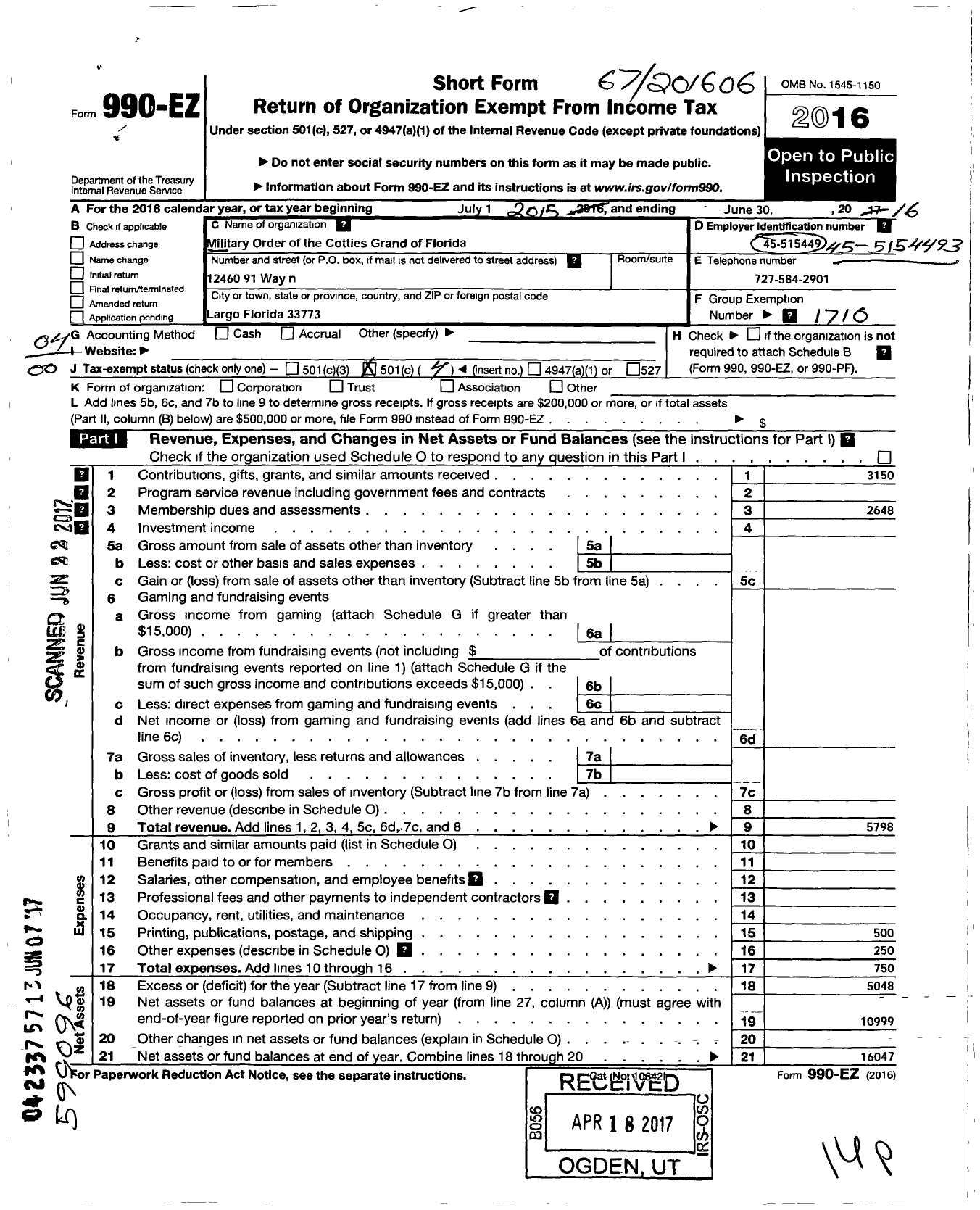 Image of first page of 2015 Form 990EO for Military Order of the Cootie of the United States / Grand of Florida