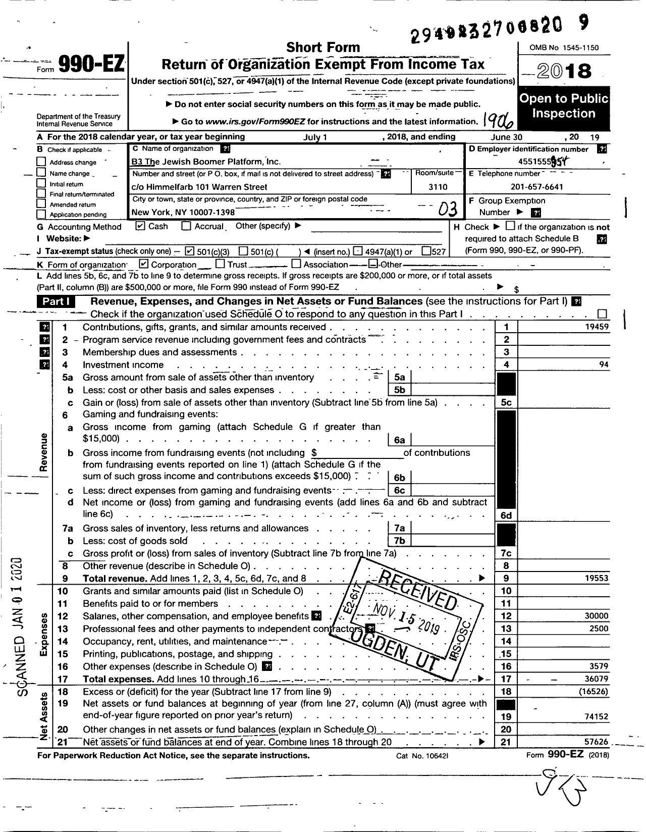 Image of first page of 2018 Form 990EZ for B3 the Jewish Boomer Platform