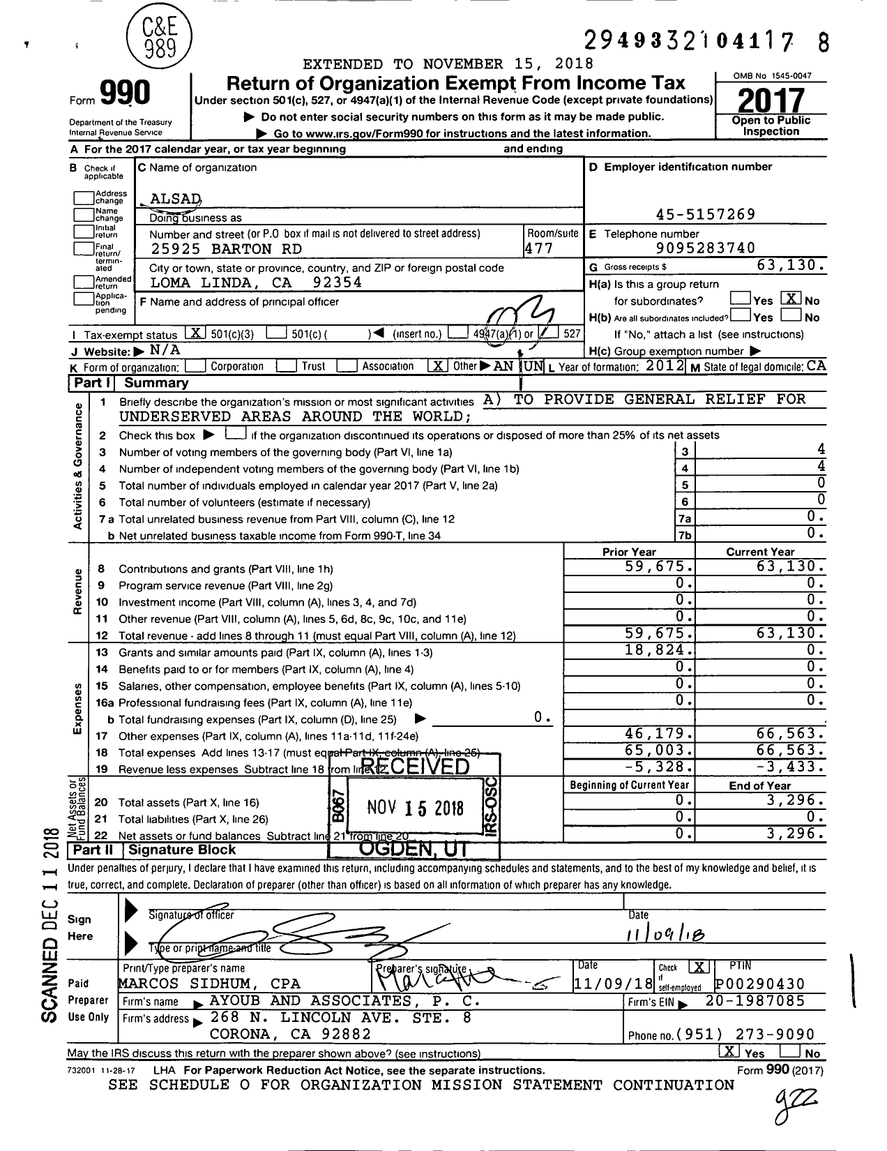 Image of first page of 2017 Form 990 for ALSAD Outreach Ministries