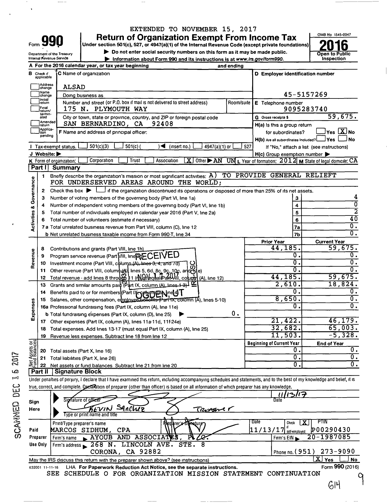 Image of first page of 2016 Form 990O for ALSAD Outreach Ministries