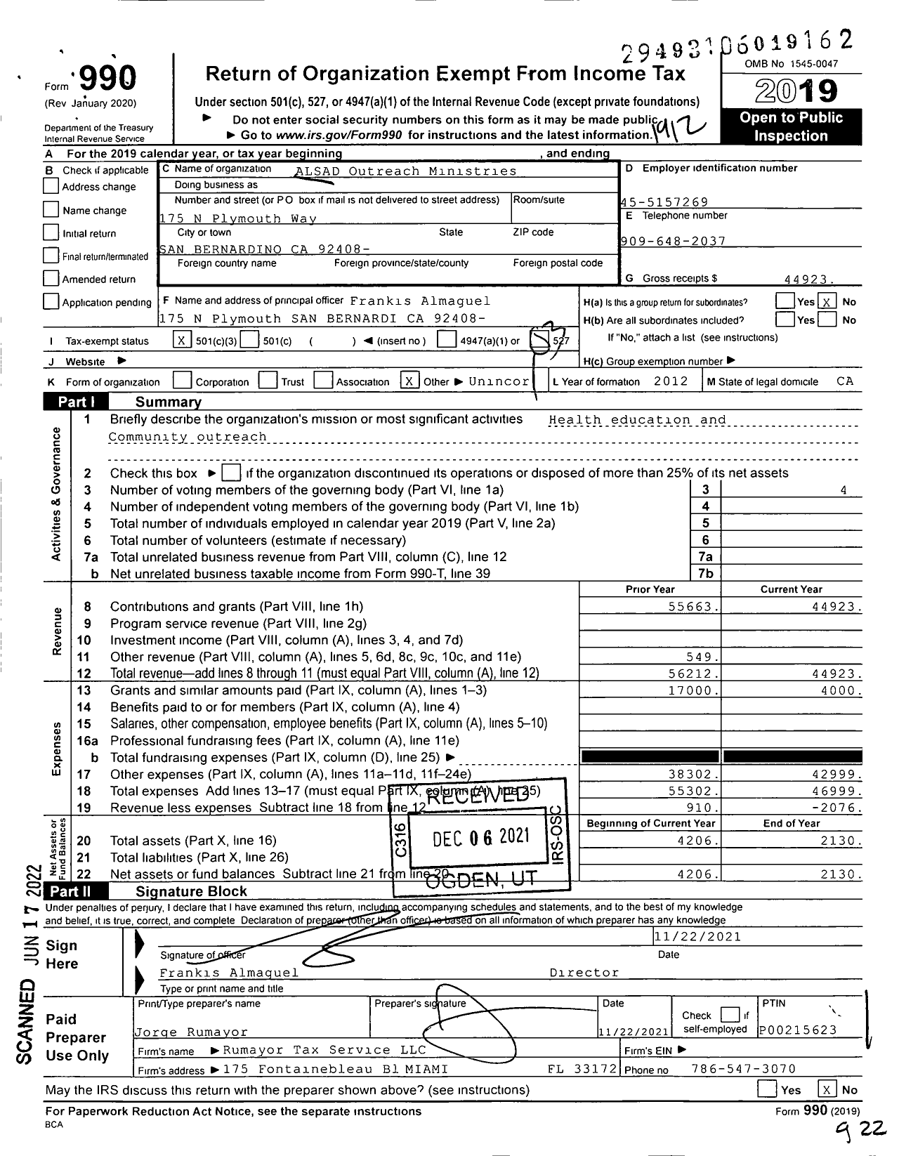 Image of first page of 2019 Form 990 for ALSAD Outreach Ministries