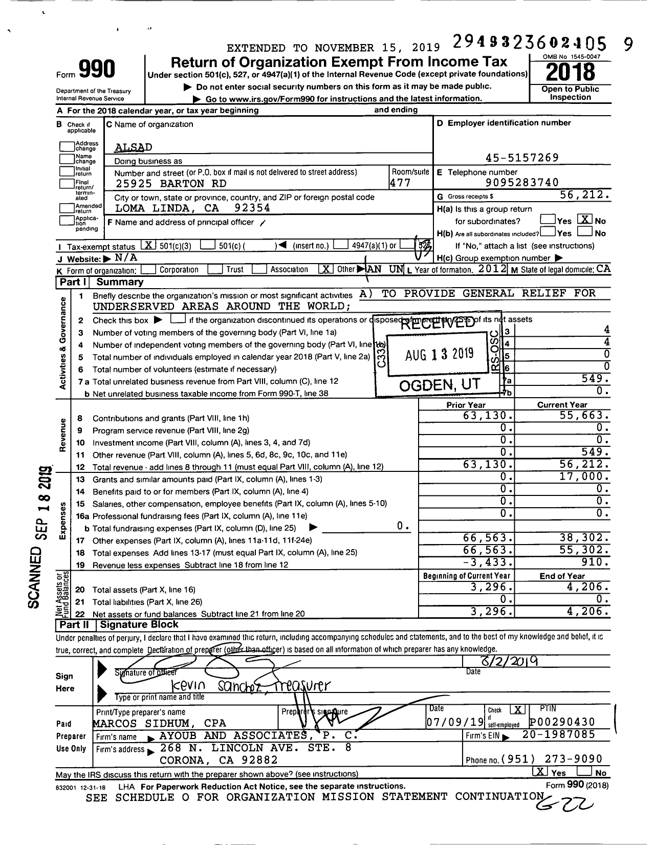 Image of first page of 2018 Form 990 for ALSAD Outreach Ministries