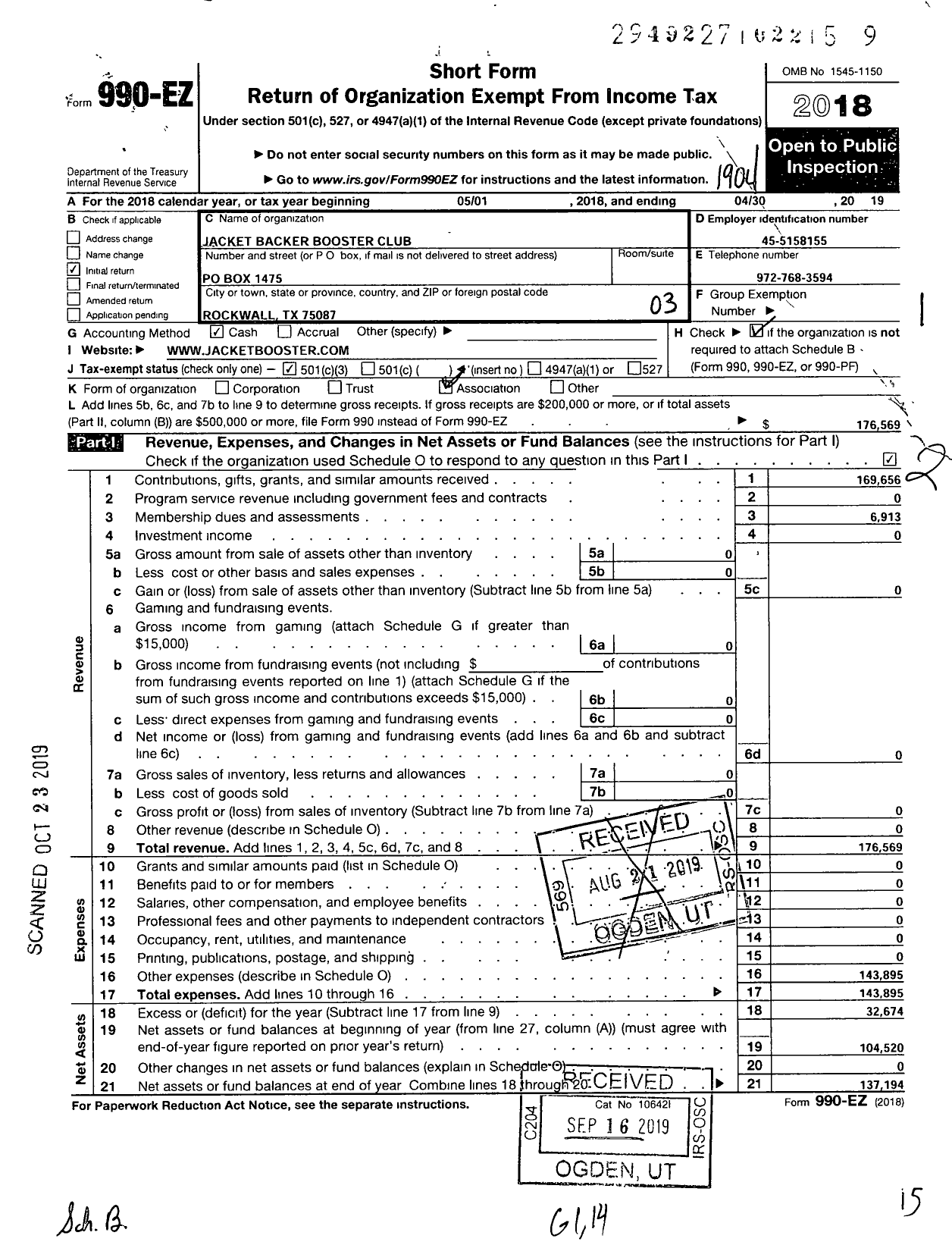 Image of first page of 2018 Form 990EZ for Jacket Backer Booster Club