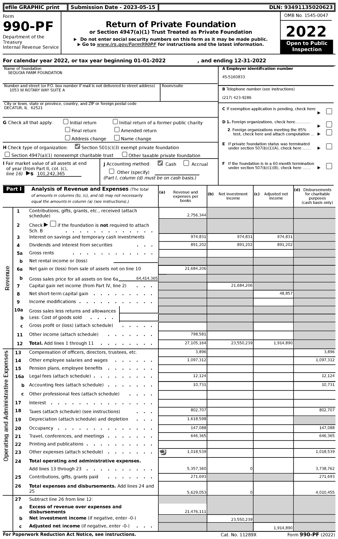 Image of first page of 2022 Form 990PF for Sequoia Farm Foundation