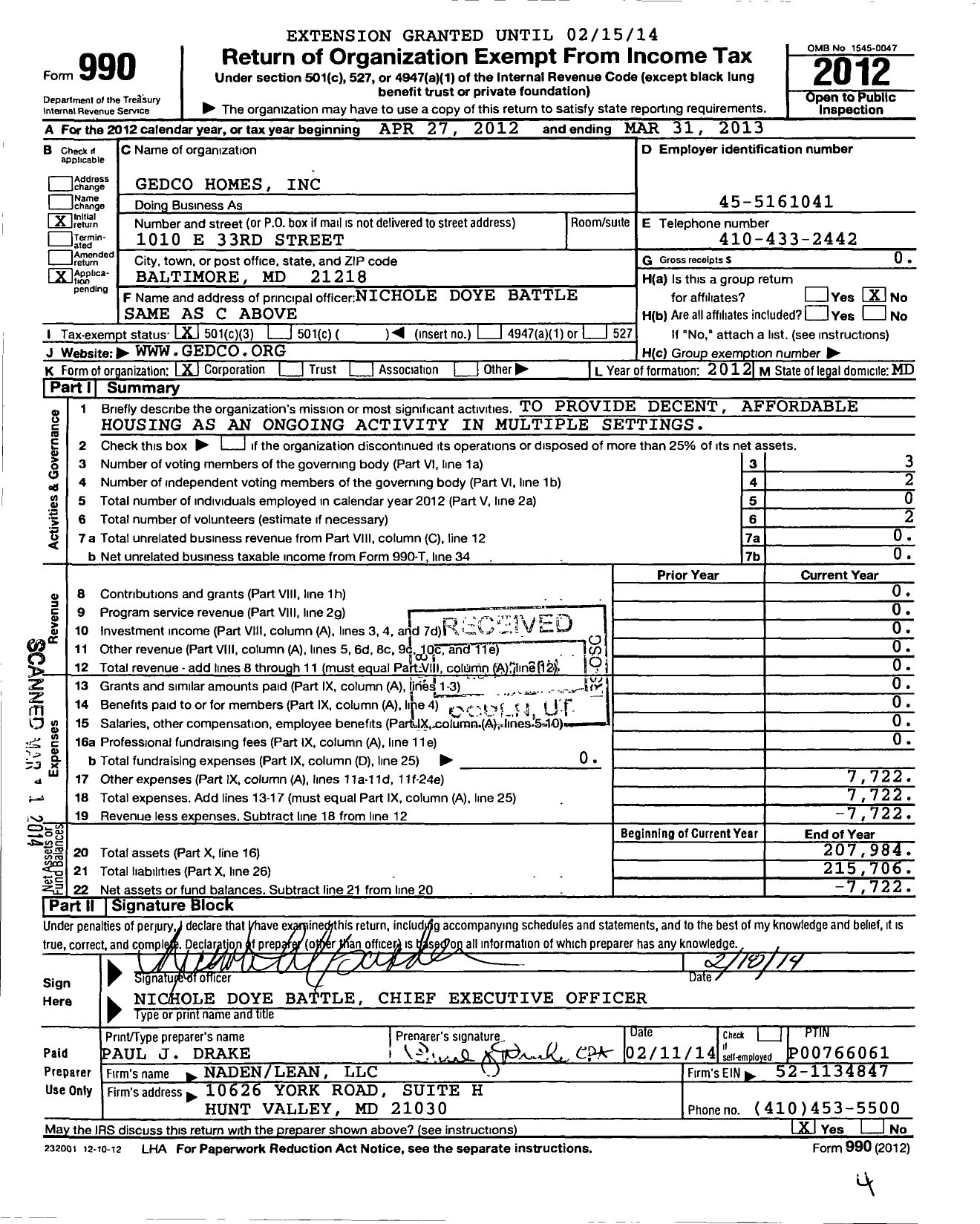 Image of first page of 2012 Form 990 for Gedco Homes