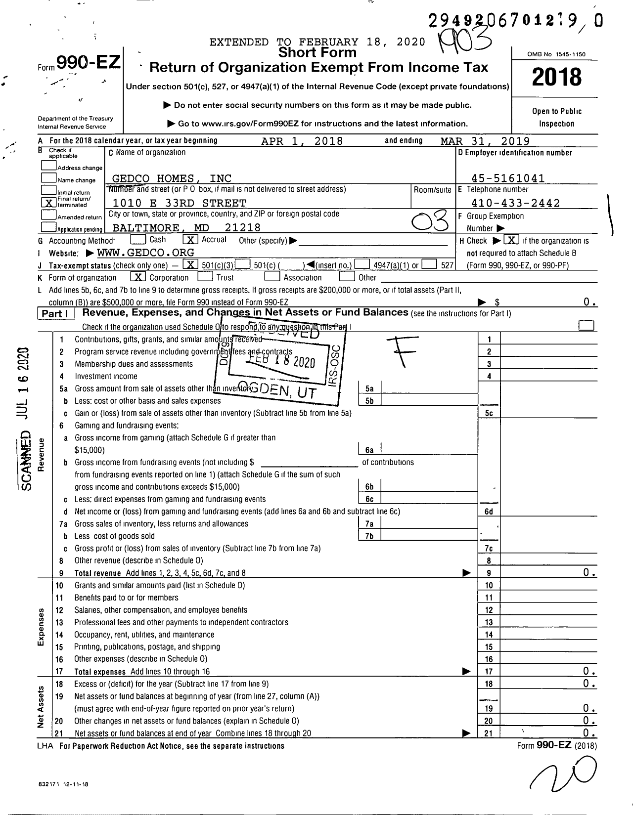 Image of first page of 2018 Form 990EZ for Gedco Homes