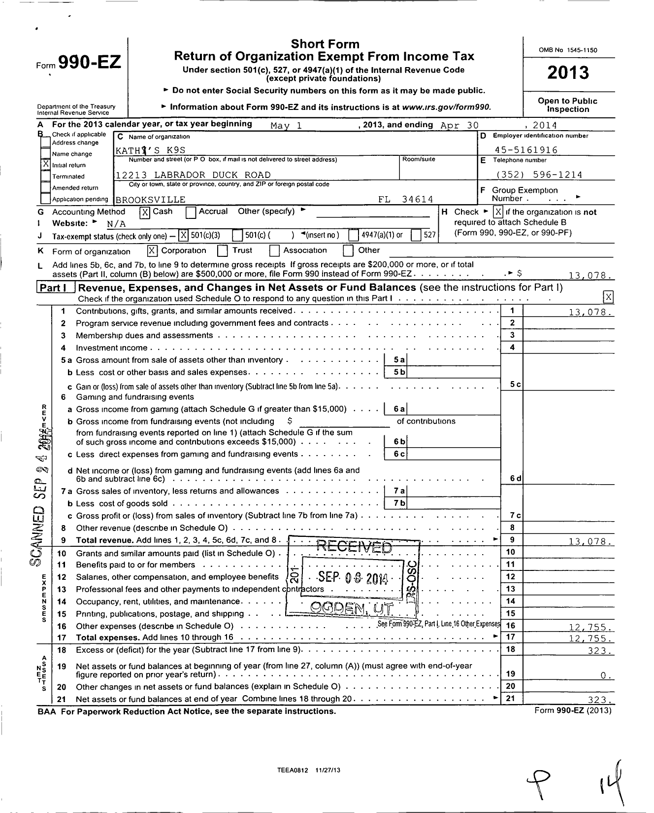 Image of first page of 2013 Form 990EZ for Kathi S K9S