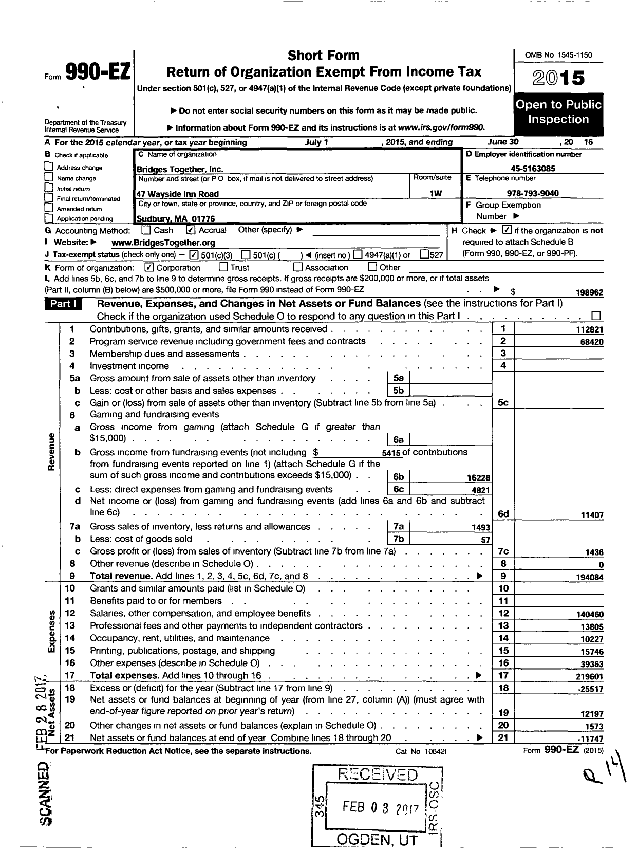 Image of first page of 2015 Form 990EZ for Bridges Together