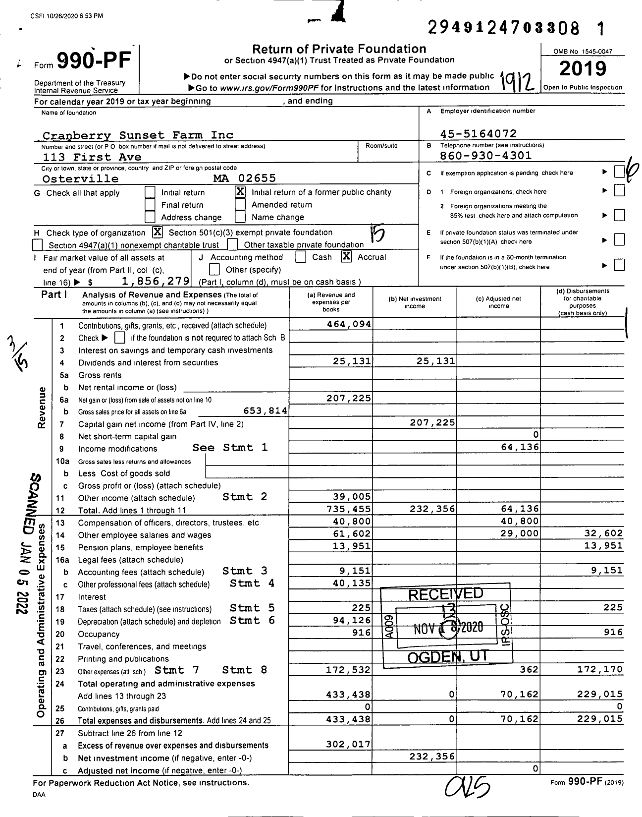 Image of first page of 2019 Form 990PF for Cranberry Sunset Farm