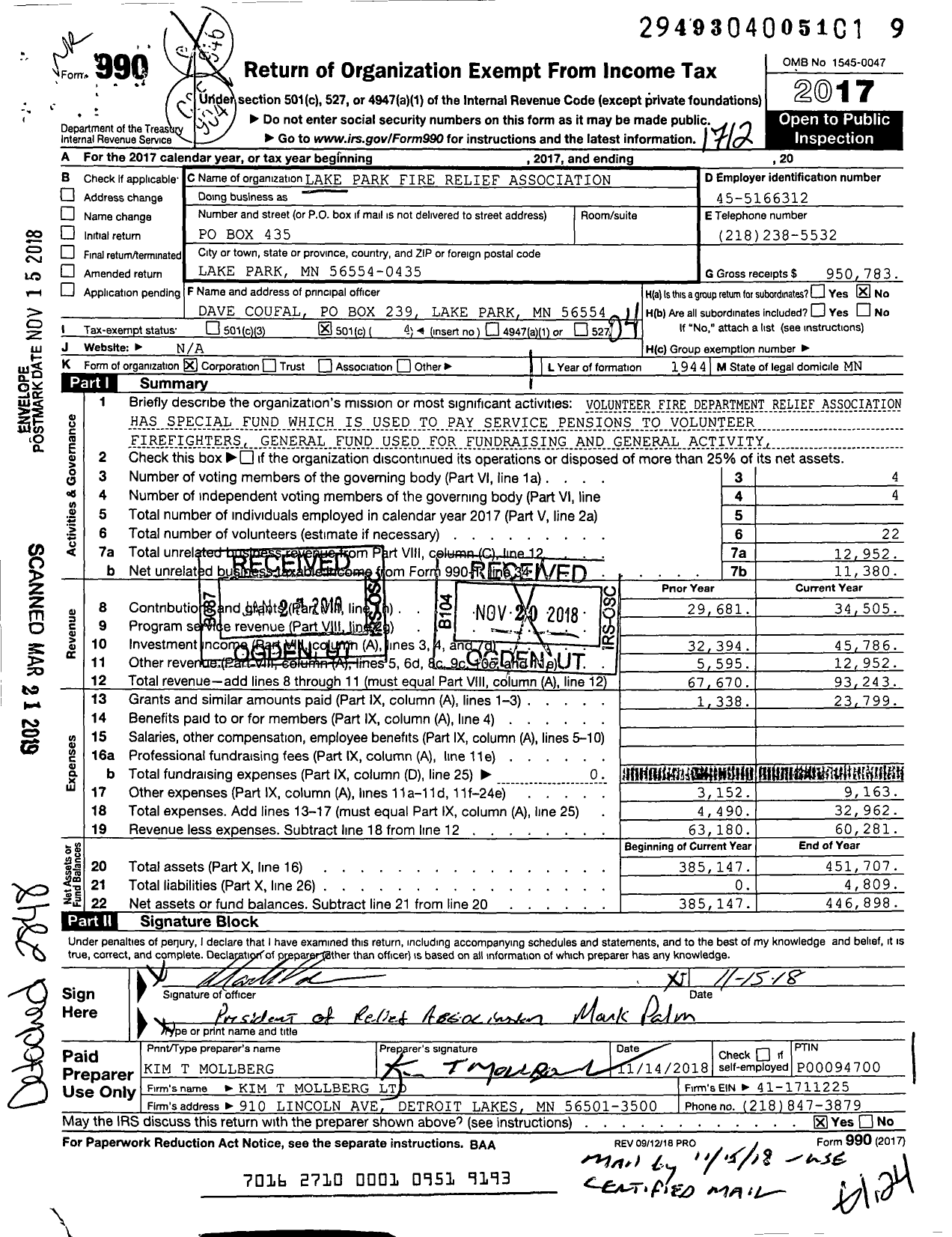 Image of first page of 2017 Form 990O for Lake Park Fire Relief Association