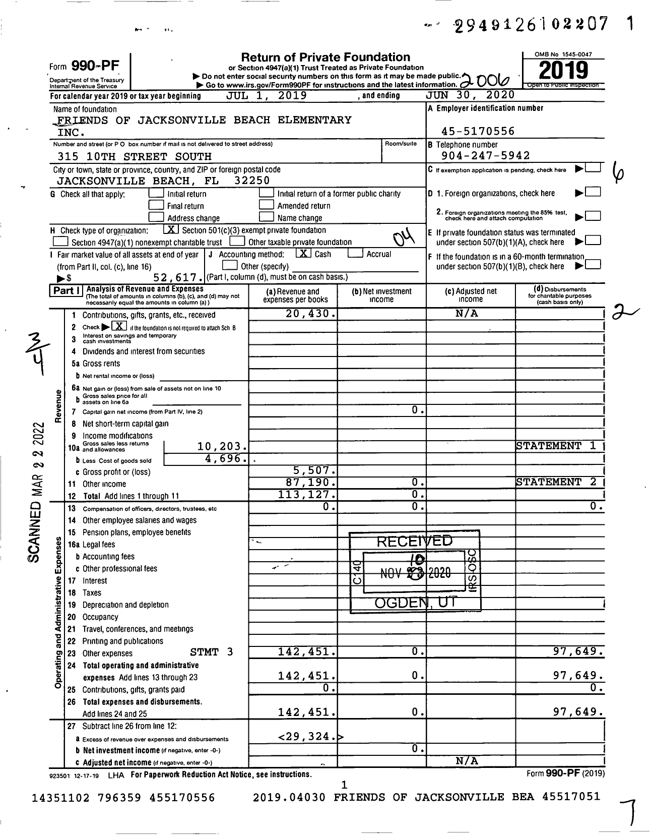 Image of first page of 2019 Form 990PF for Friends of Jacksonville Beach Elementary