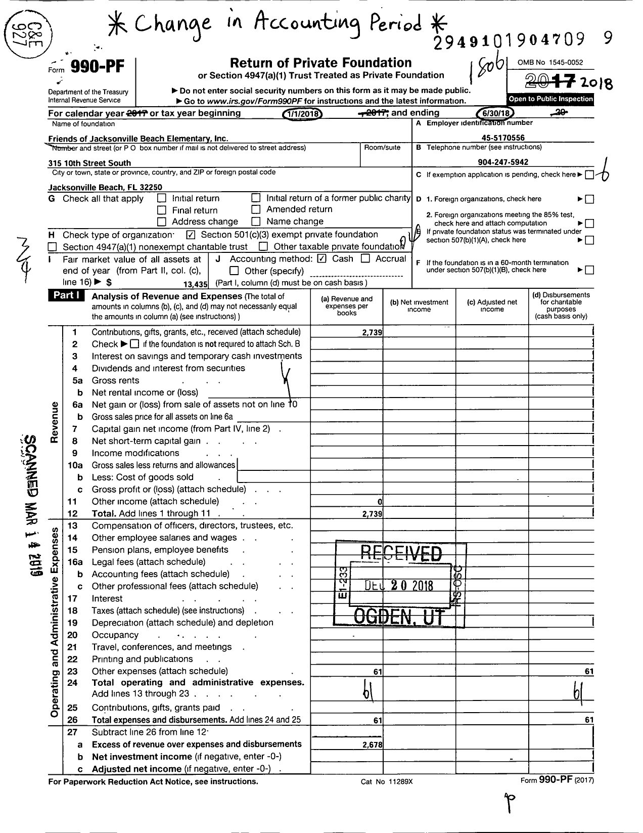 Image of first page of 2017 Form 990PF for Friends of Jacksonville Beach Elementary