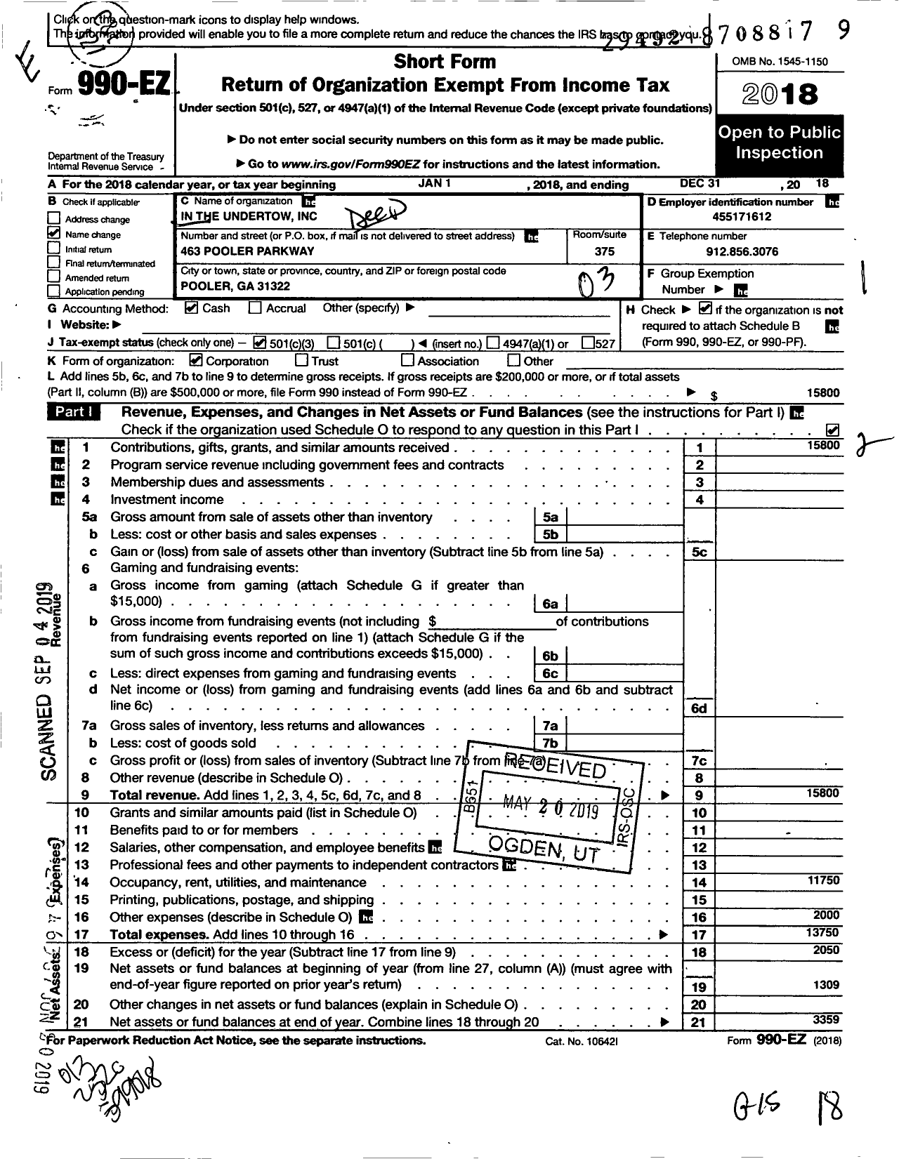 Image of first page of 2018 Form 990EZ for In the Undertow