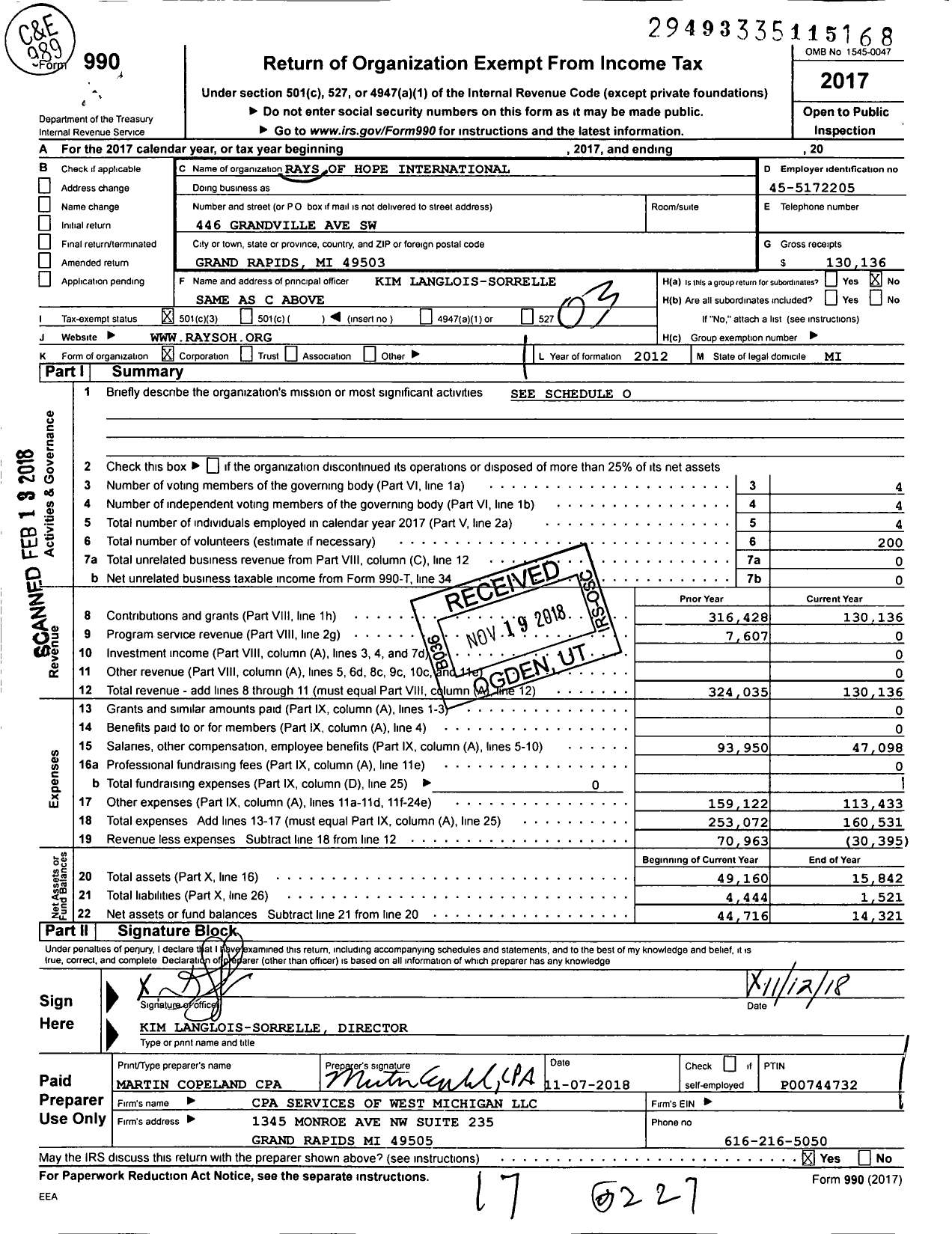 Image of first page of 2017 Form 990 for Rays of Hope International