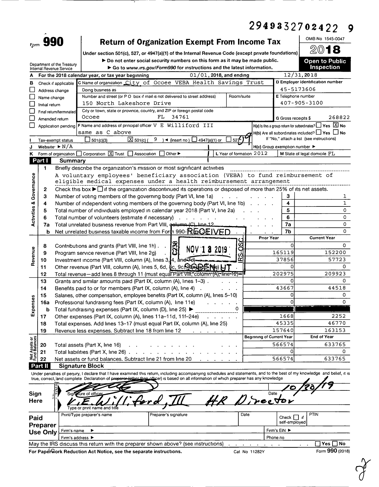 Image of first page of 2018 Form 990O for City of Ocoee VEBA Health Savings Trust