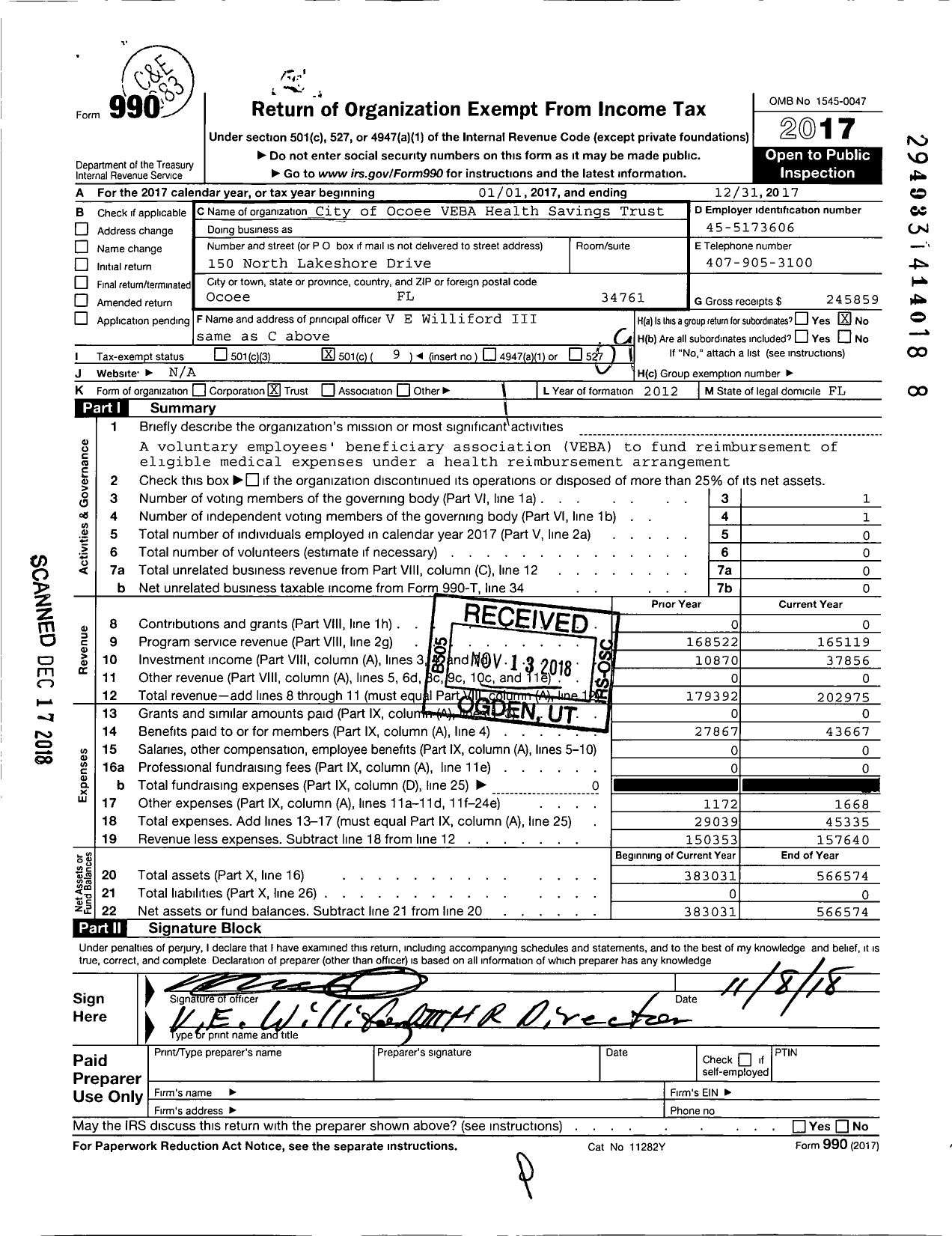 Image of first page of 2017 Form 990O for City of Ocoee VEBA Health Savings Trust