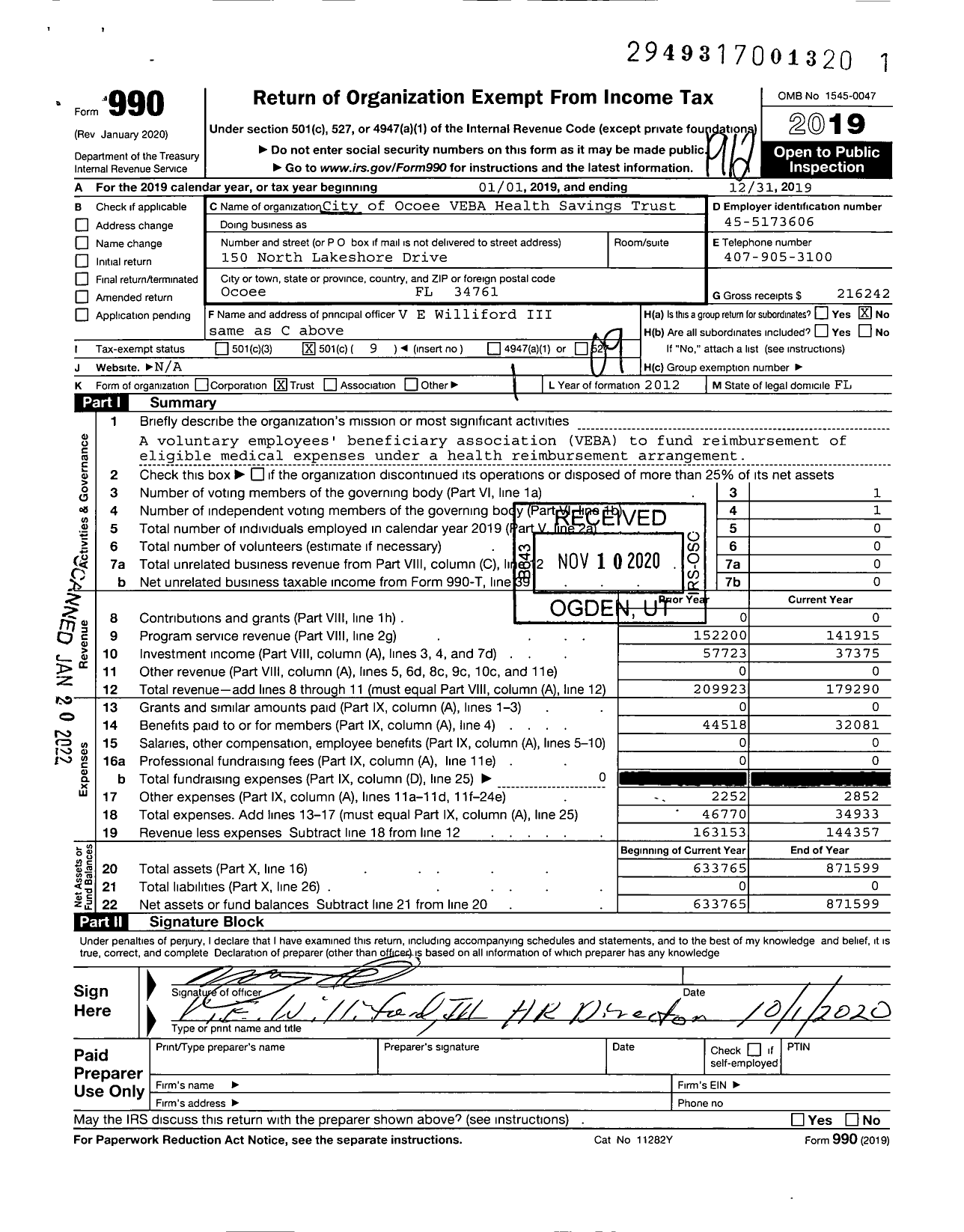 Image of first page of 2019 Form 990O for City of Ocoee VEBA Health Savings Trust