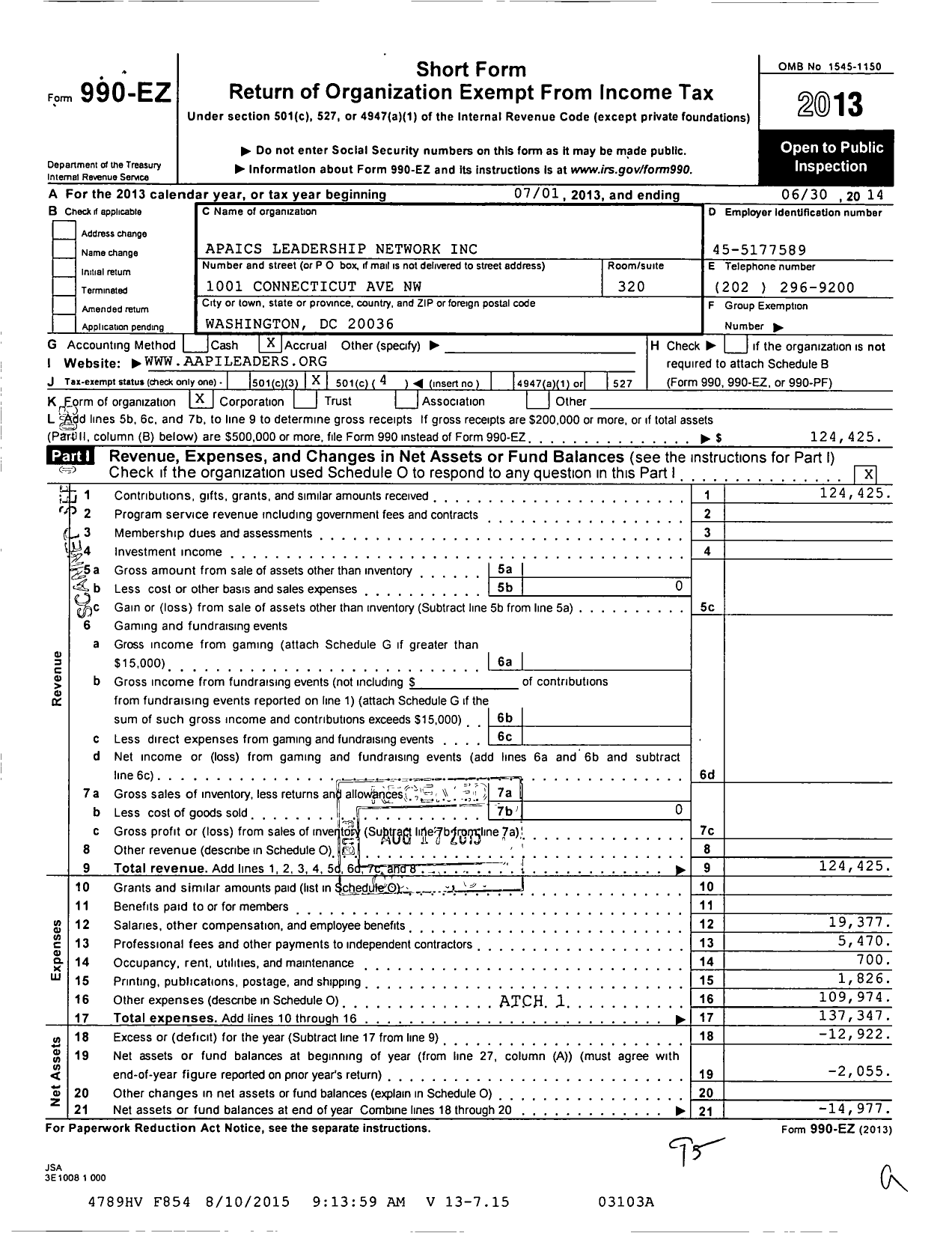 Image of first page of 2013 Form 990EO for Apaics Leadership Network